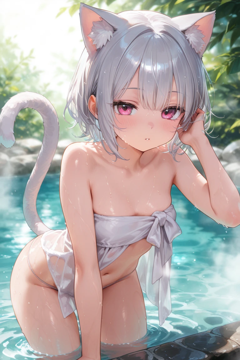 1 woman, flower, alone,halo, long hair, cat ears,gray hair, pink flower, seat, white flower, Cat's tail, water, rose, naked, red flower, exposed nipples, exposed pussy, Visible nipples, visible pussy, waist exposed, Headrest, pink eyes, closed mouth, pink rose, blue flower, forehead, pretty girl, 식water, attractive body, exposed body, girl lying down showing her belly, front view, leash tied with chain, arm bound with chains,legs bound in chains,