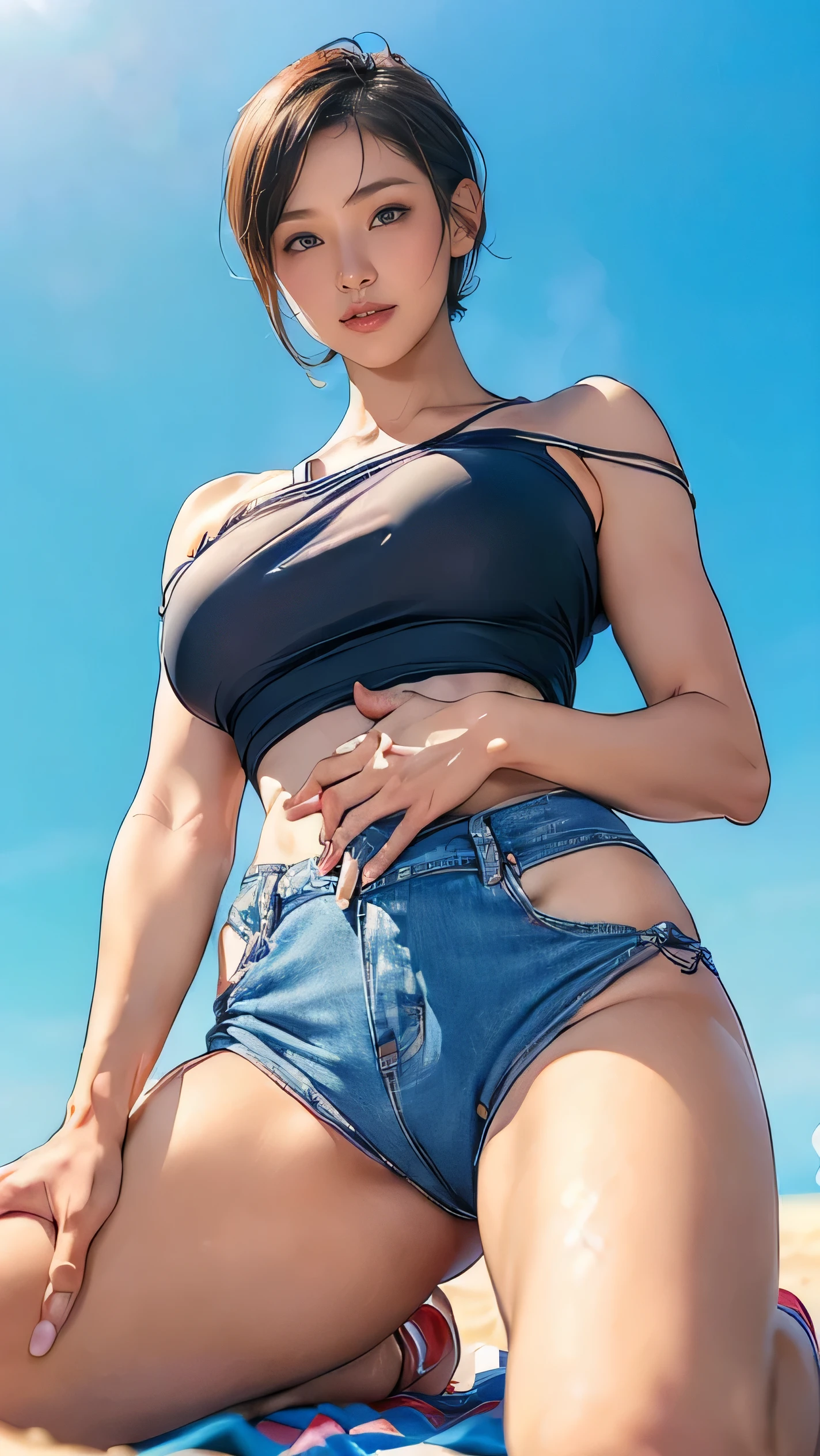 Adorable Girl . Very Kawaii , Round Face . Solo , Slim , Medium Breasts , Short Stature . Glossy Skin . Plain black T-shirt . Tight Shorts . Dynamic Angle . No Background , White Background , looking at viewer, darker shadows, (((absurdres))), (((thigh gap))), (((underboob))), (((sleeveless))), (((unbuckled))), (((ulzzang))), (((squatting)))