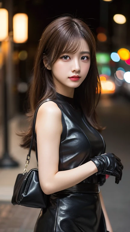 ((Best Quality, 8K, Masterpiece: 1.3)), Full Body, Focus Clear: 1.2, Outstanding Style: 1.4, Slender Abs: 1.2, ((Brown Hair, Big tits: 1.2)), (Neon, Street: 1.1), Highly Detailed Face and Skin Texture, Detailed Eyes, Double Eyelids, 1girl, single, best quality, large-breasts, masterpiece, black hair, smile, seductive smile, gal, cleavage of breast, black army jacket, black jacket, corset, pencil short skirt, short skirt, bokeh, RAW photo, shot on EOS 5D Mark IV, 35mm lens, f1.8, sharp focus, ultra sharp image, stylish model pose, cinematic light, looking the viewer, character focus, staring the viewer, seductive, attractive, elegant, classy, a simple night street background, squatting, from side,