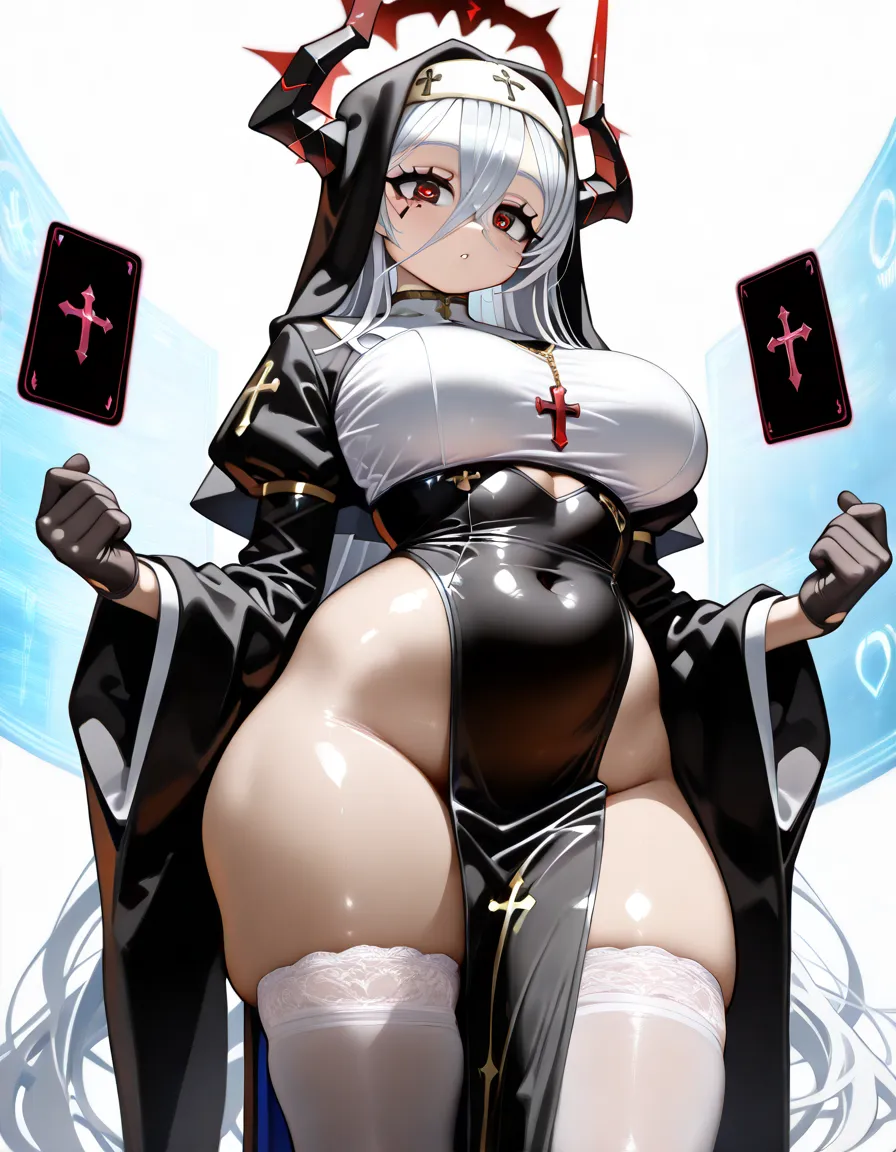 (Big Tits,valley,Big Breasts,Plump,Rocket Breasts,Saggy breasts),(Thin twin tails,Flaxen Hair),(Big Ass,Big Butt,Plump),(Pussy line,Thong,Bite),(Black monastic vestments,Nuns,Sister,Cosplay),(smile,Troubled face,Taunt,Saucy,lure),transformation,Nipples,勃起Nipples,garter belt,透けNipples,Breast bag,Hamiman
