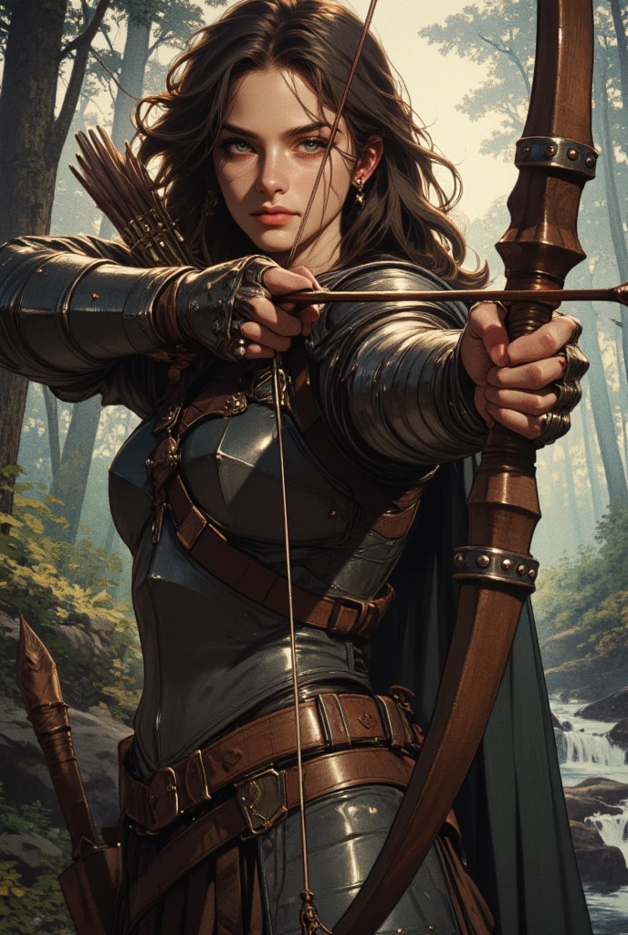 Illustration of an RPG character in close-up full body archer character sheet
