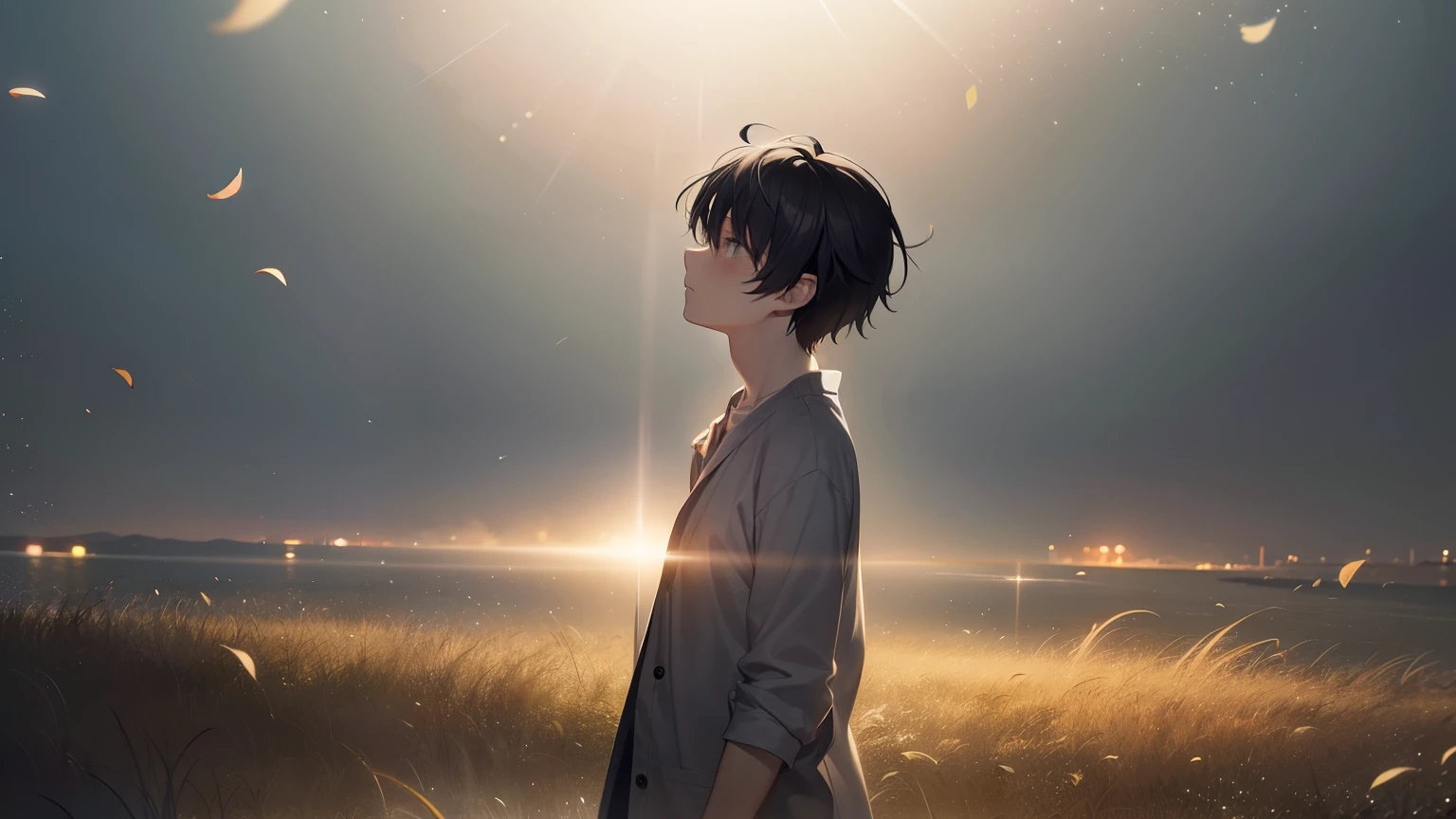 Boy in his late s、white shirt、Gray Cardigan、with short silver hair、Anime painting、
Outdoor landscape at night、a quiet place where pale light shines in、
A boy is hugging something with his arms、
what he hugged was a shadow like light、a pale light emitter in the shape of a person、
that shadow collapses when blown by the wind、depiction of a boy dancing in the sky as particles of light、
a boy standing quietly with his eyes down、sad expression、hair and clothes fluttering in the wind、
Particles of light drift on the screen、Fantastic and sad atmosphere、
so that you can see、of constrictions around your neck