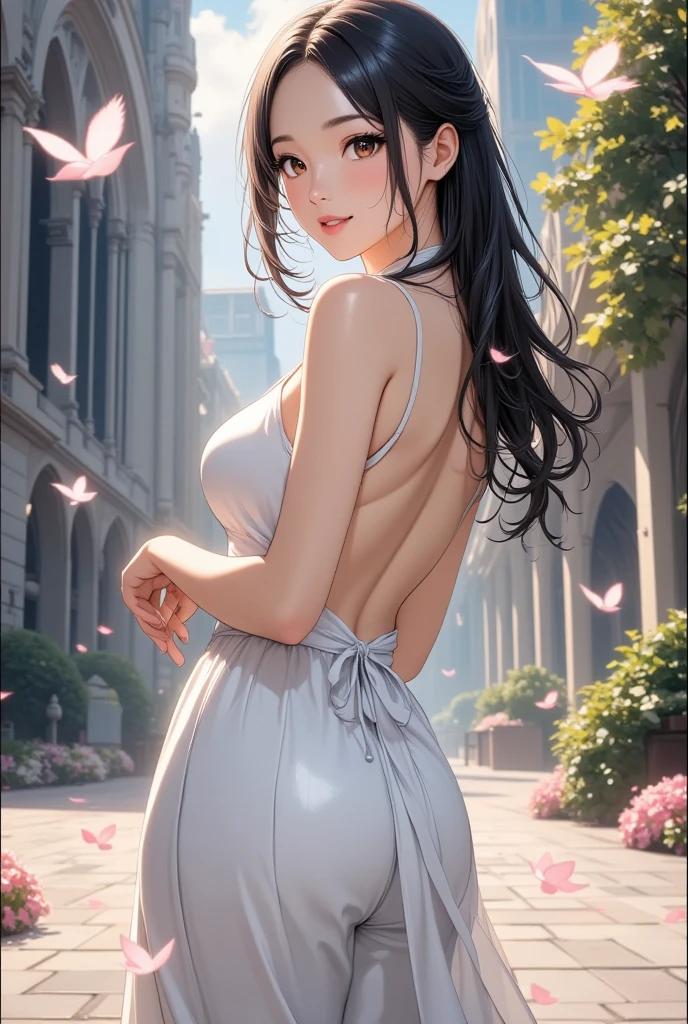 ((Biologically correct limb count))、((Natural finger shape))、((Full Body Shot, Including face))、Standing position、4K、masterpiece、((Focus on the face))、((Symmetrical facial features))、Eye for detailed depiction、Beautiful woman、Excellent style、Beautiful clavicle、Beautiful feet、Slender body、(Small Ass、Thin thighs)、(High heels)、Facial detailing、Small earrings、necklace、Low angle photo、(Upper body sleeveless shirt、Lower body skirt)、Park scenery on a holiday morning、Strong sunlight、Dazzling look、Hands clasped behind back
