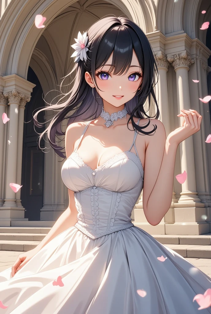 masterpiece,Highest quality,high definition,High resolution,4K,8k,Ultra-high-definition CG,masterpiece,Highest quality,high definition,High resolution,4K,8k,Ultra-high-definition CG,Anime illustration style,１girl, anime painted, front angle, pose standing, shiny black twin tail hair,black, accessories ribbon, expression smiling,arms behind back,Scene of a garden full of flowers、In a wedding dress、Behaving gracefully。fashion model posing ,shiny skin,Low angle ,fashion model posing ,holdng a flowers.bouquet.
