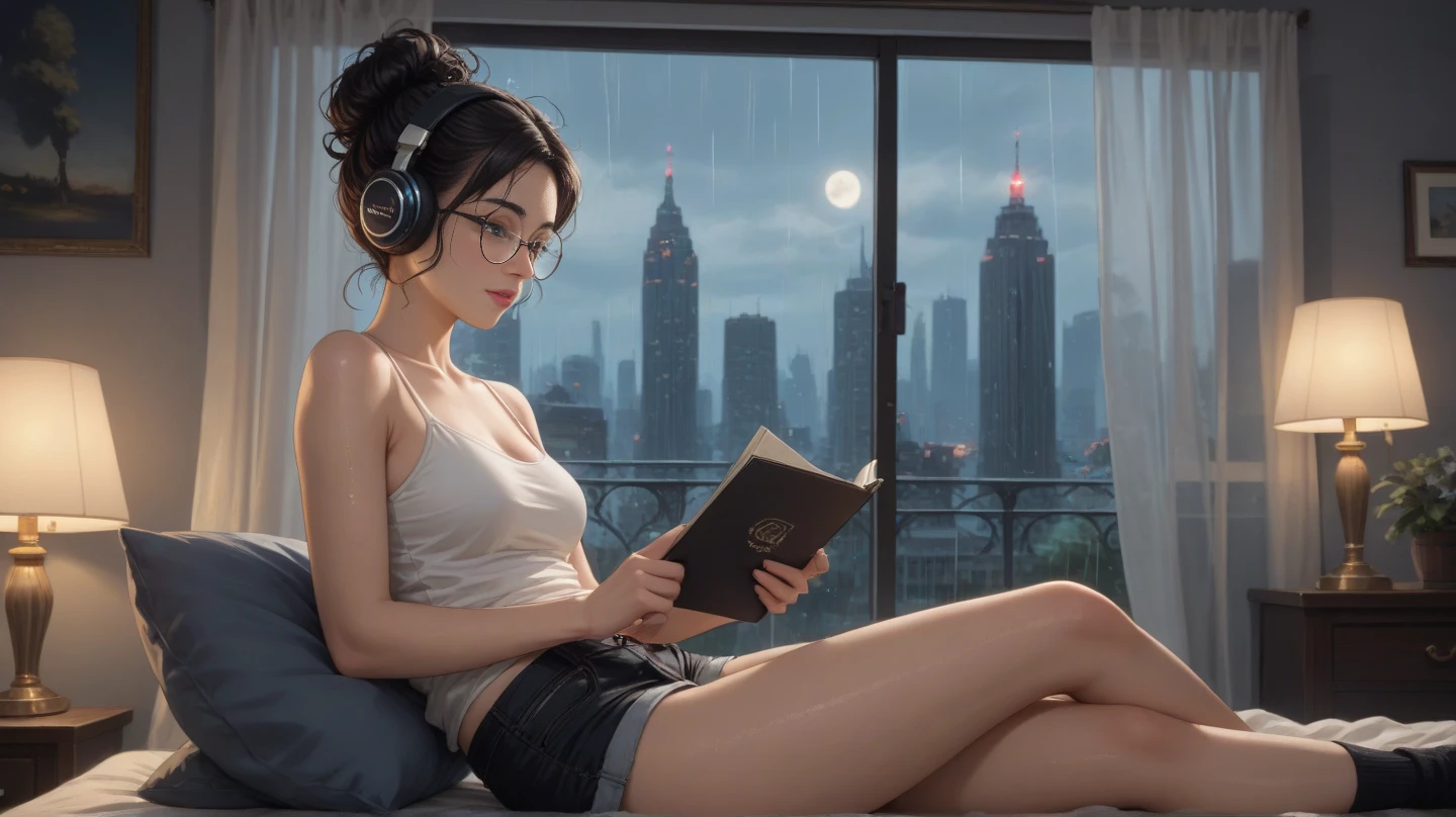 A girl sitting in profile studying, (((table with a lamp to study, notebook with writing))), the girl is biting her pencil, legs crossed, in pajamas with a baby look and short shorts, big ass, thick legs, bare feet , (((to a window in the background showing a streetlight outside at night))), {extremely detailed 16k CG unit wallpaper}, expansive landscape photography, (a low-focus view on character), (wide open field view), (low angle shot), (high light: 1.4), (low light: 1.4), (warm light source: 1.5), complex details, (iridescent colors: 1.8 ), (bright lighting), (atmospheric lighting), dreamy, unique