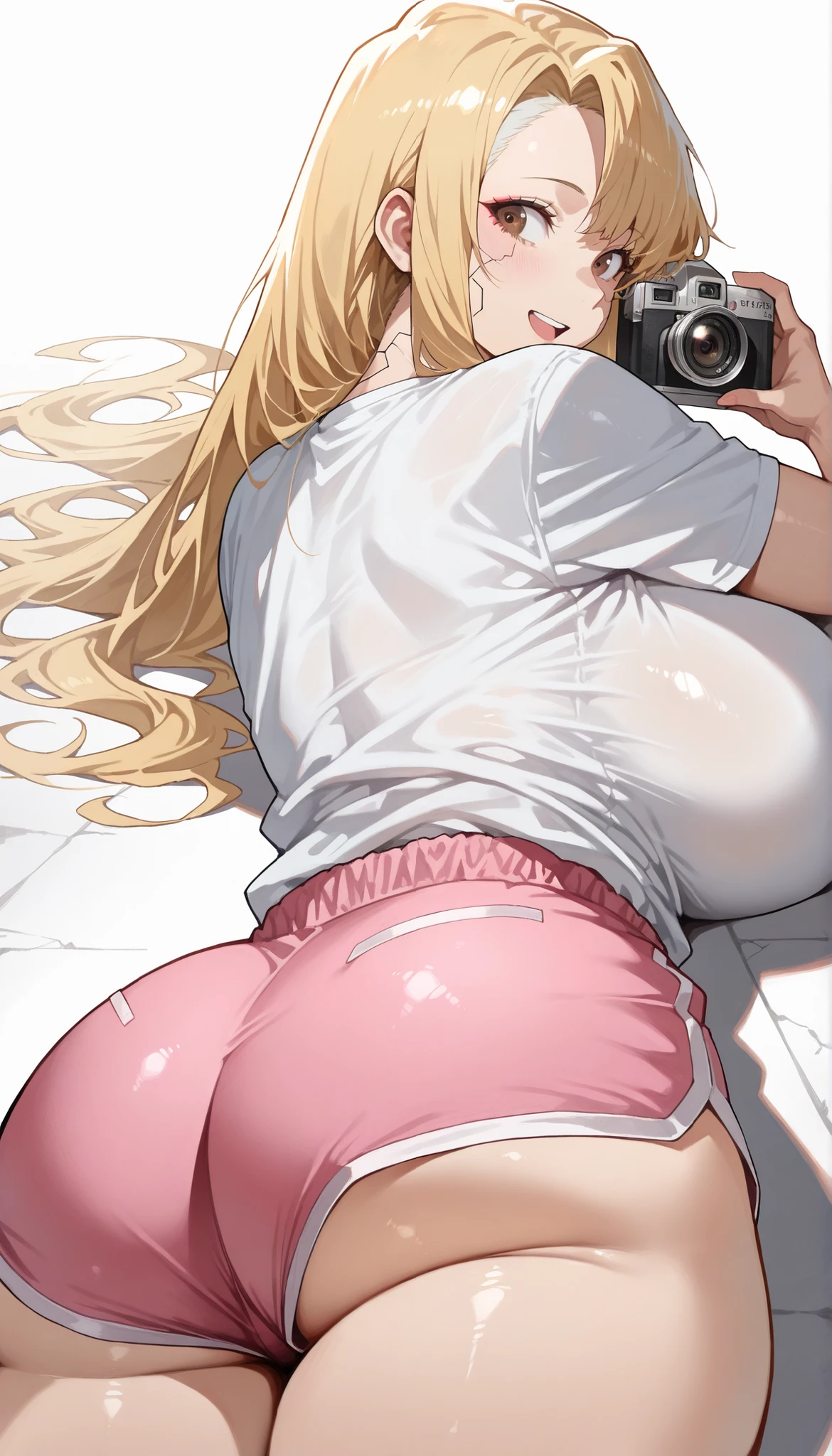 (((Perfect figure,figure,solo, White and tender skin,(((cyberpunk,short sleeves, dolphin shorts, t-shirt, pink shorts, white shirt, , ))),(((MiaChadef, long hair, blonde hair, brown eyes,,))),((masterpiece)),high resolution, ((Best quality at best)),masterpiece,quality,Best quality,((( Exquisite facial features,Looking at the audience,There is light in the eyes,(((Lol,Happy,))),))),(((Light and shadow,Huge breasts))),(((Looking at the camera,White background,Lying on the ground,Looking back at the camera,From the back,plump ass))))
