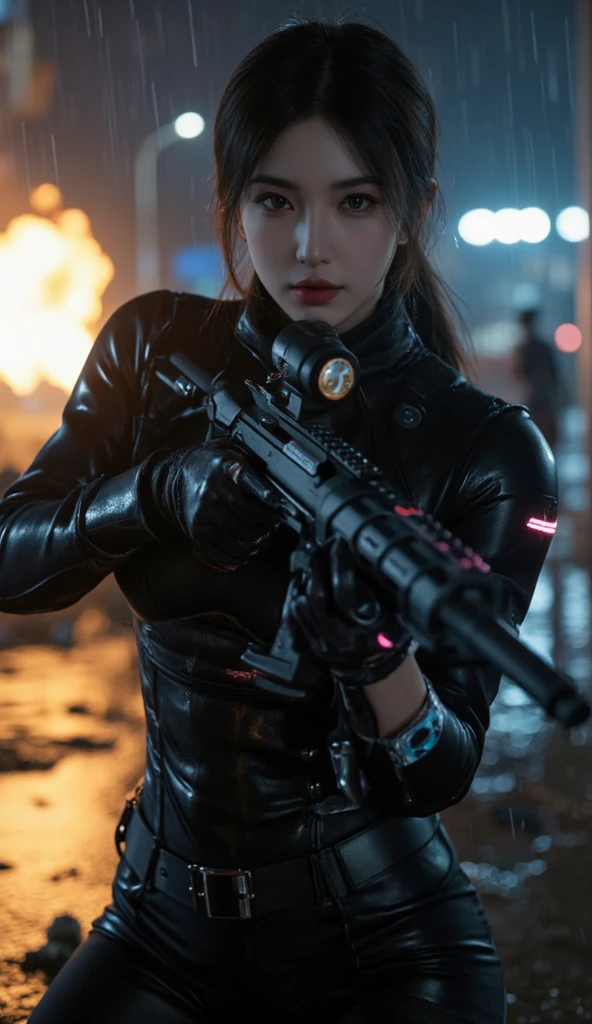 (Hold the gun., raw photos, best quality, skill:1.2), (realistically, realistic:1.37),(kpop idols), (Aegyo Sal:1),cute,professional lighting, Photon mapping, Radio City, Physical rendering , cosplay, lucy \(cyberpunk\), bob cut, mechanical parts, gray eyes, tight black suit, เมืองcyberpunk, black pants, nighttime, neon light, sexy, smoke, looking up at the viewer,, High resolution in 8ก, 8ก, CG wallpaper, realistically, clear background, Medium bust, body