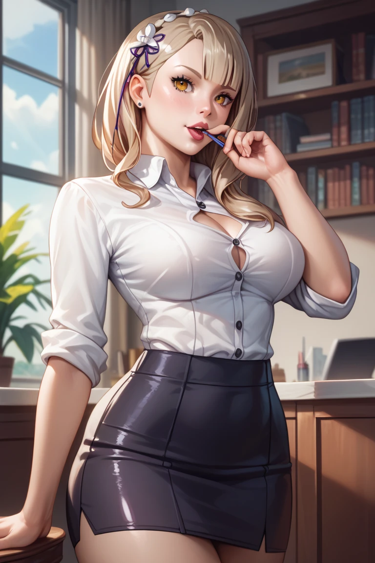 (Cinematic Digital Artwork: 1.3), High quality, masutepiece, of the highest quality, Super Detail, Illustration, [4K Digital Art]、(Moody lighting:1.2), depth of fields, Bokeh, 4K, a woman sitting in the office room, a white wall, a grey table, posters on the wall, sexy poses,
(((masterpiece))), ((best quality)), ((intricate detailed)), ((Hyperrealistic)), absurd res, milf, mature woman, perspective, highly detailed, illustration, 1girl, ((big breasts)), perfect hands, detailed fingers, beautiful detailed eyes, long hair, brown eyes, nametag, CEO, (business outfit:1.2), open office shirt, cleavage, tight skirt, black choker, earrings, stockings, detailed background, bedroom, perfect eyes, seductive eyes, looking at the viewer, from front