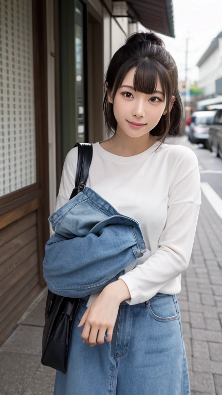 Three Girls、fun、smile、shopping、An 18-year-old high school girl posing for a photo in a navy blue shirt with an open front、Red mini skirt、Black backpack、victory、masterpiece、high resolution、Sharp focus）、cute、Japanese women、18-year-old、sexy、Laughter、(Perfect Anatomy、Delicate and beautiful body、Navy blue polo shirt)、A bustling city、I&#39;m shopping、smile、Small breasts、Nogizaka Idol、Slim figure、sexy、shopping、