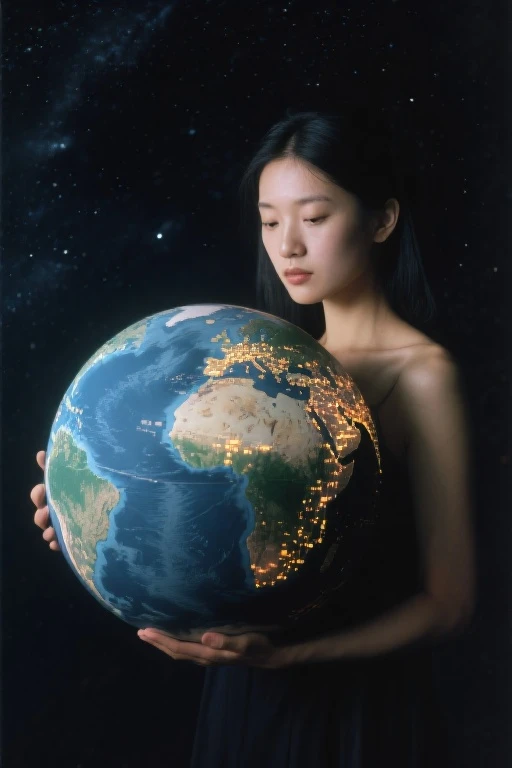 A girl launches a ball of life into the sky at night