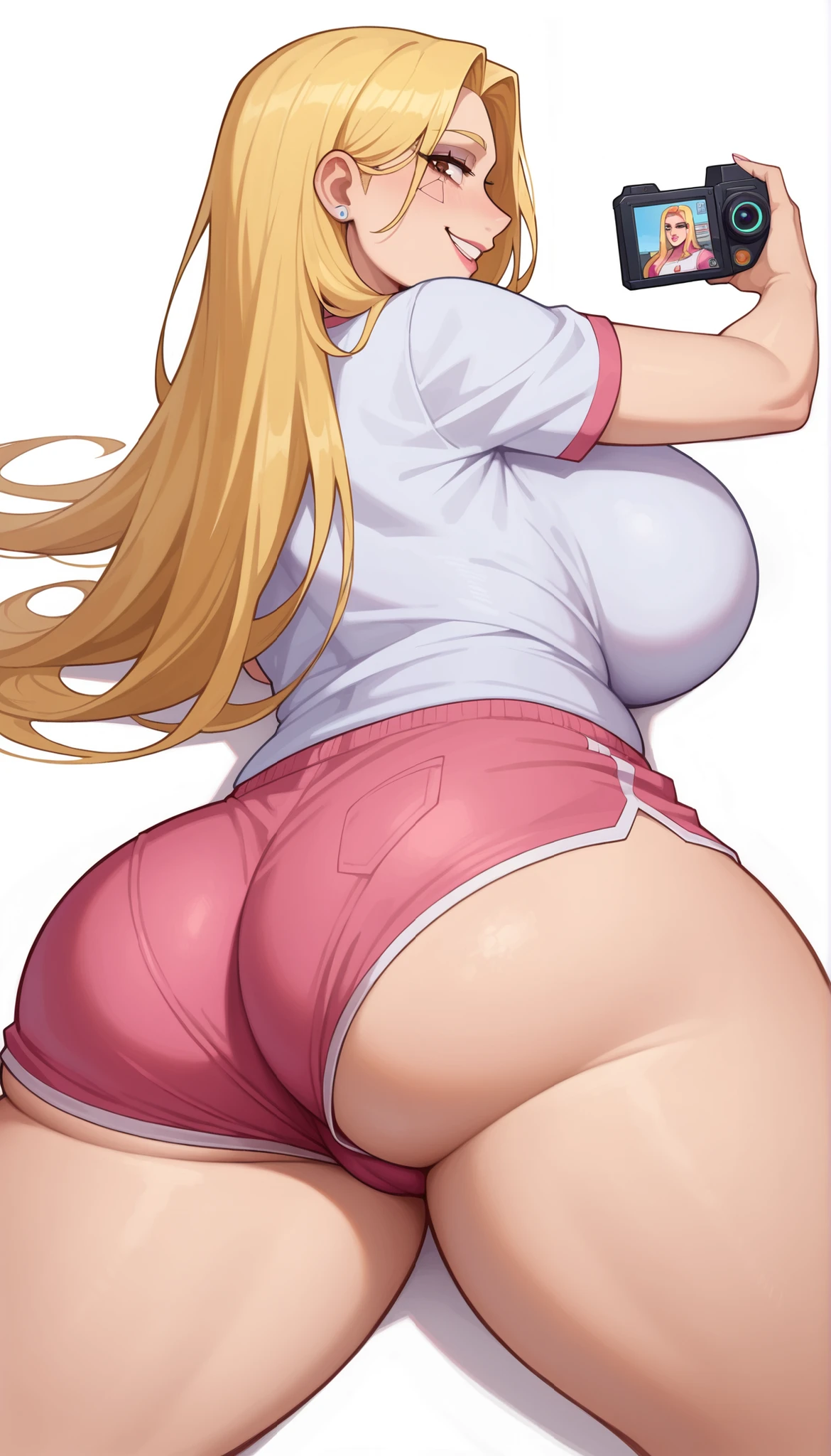（（（Perfect figure，figure，solo， White and tender skin，（（（cyberpunk，short sleeves,  dolphin shorts, t-shirt, pink shorts, white shirt, , ））），（（（MiaChadef, long hair, blonde hair, brown eyes,，））），((masterpiece)),high resolution, ((Best quality at best))，masterpiece，quality，Best quality，（（（ Exquisite facial features，Looking at the audience,There is light in the eyes，(（（Lol，Happy，））），））），（（（Light and shadow，Huge breasts））），（（（Looking at the camera，White background，Lying on the ground，Looking back at the camera，From the back，plump ass)）））