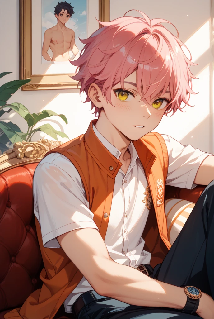 HD Clear,Optimal image,Illustration quality,super detailed,Handsome teenager, pink hair, blue eyes,Wearing a pastel yellow T-shirt,Sitting on a black leather sofa Room with orange light, masculine, strong