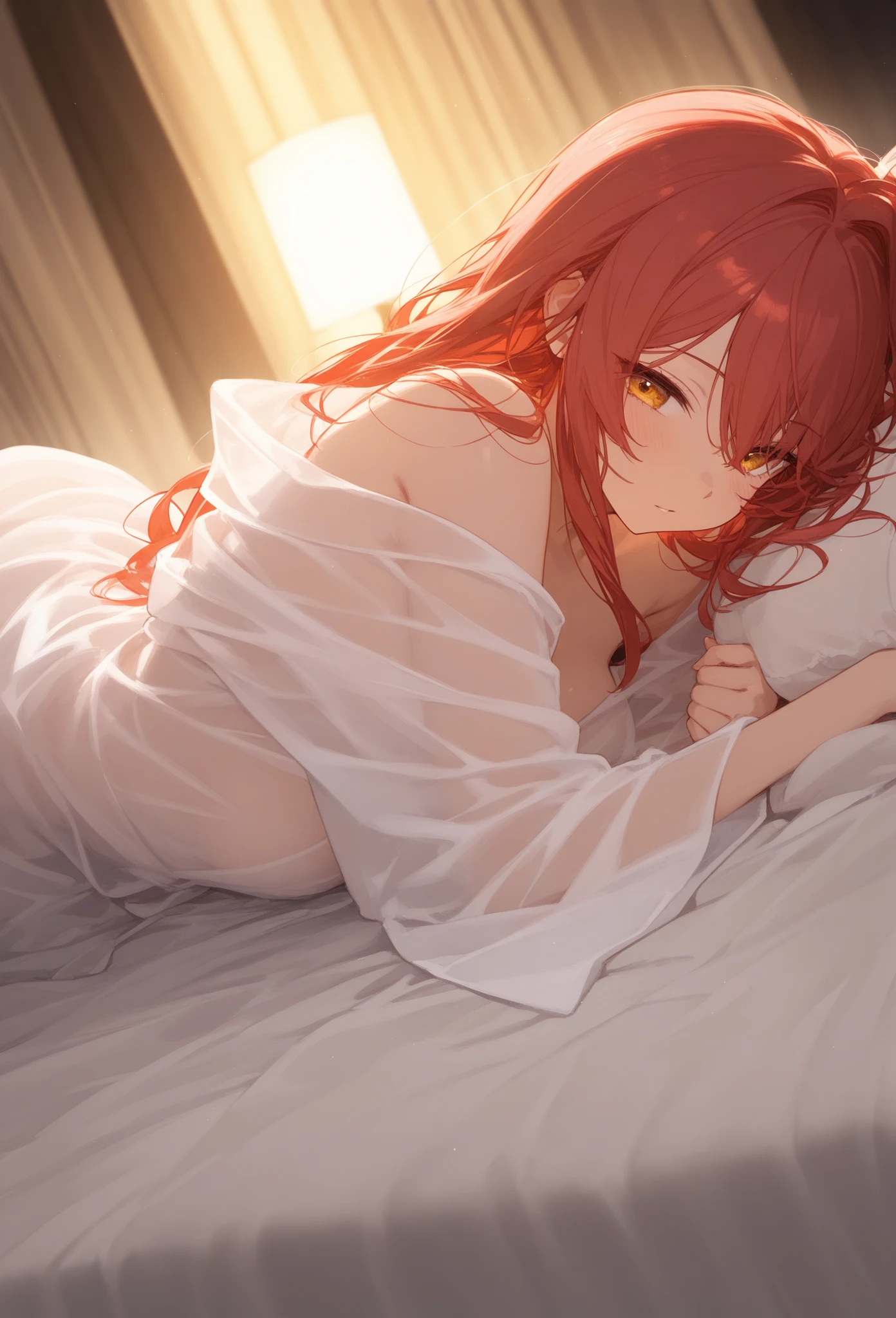 In the middle of the silent night, a beautiful room is located by the seashore. Red-haired girl on the bed. The large, open windows let in the soft moonlight into the room, illuminating every corner with light