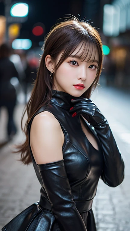 (RAW Photography、top-quality、masterpiece:1.2)、(realisitic、Photorealsitic:1.4)、(masterpiece:1.4)、(top-quality:1.4)、(ultra-detailliert)、((highly contrast))、(a high chroma)、(beautiful finely detailed eyes)、((extremely delicate and beautiful))、(nice hand、perfect hand)、((Five precise fingers, Feminine beautiful fingers))、(The background is a mechanical cyber city without people)、1 girl in、独奏、dark brown hair, length hair, side locks, asymmetrical bangs、beautiful detailed Glass hair、body suit、black gloves、breastsout、cowboy shot, outside of house, Hair intake, impossible bodysuit, Impossible clothes, long-sleeve, Watch Viewer, Black leather bikini, cybersuit, verd s eyes, (Very shiny clothes), tight skin, large cleavage, abdominals, thighs gap, thighs thighs thighs thighs, (small ass), Glossy bare skin with oil、(shinny skin), realisitic, Feminine sexy pose、One lady、Long、Super beauty、foreigner、Americana