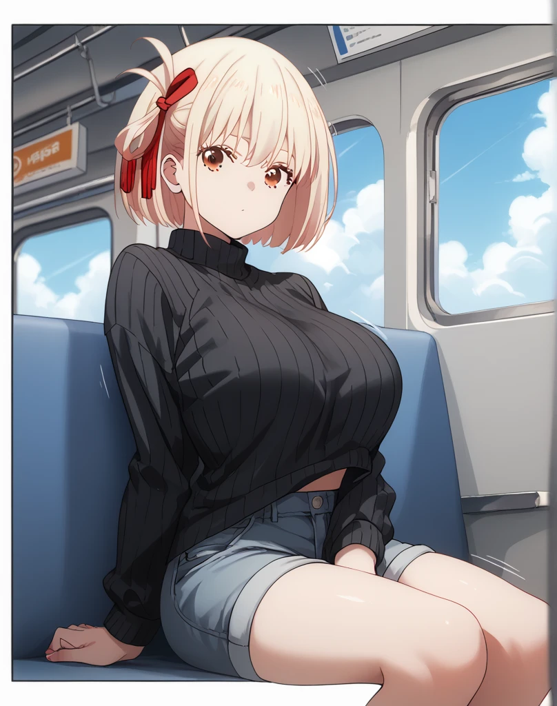 Sex、cowgirl position, squatting, spread legs、cowgirl position, squatting, spread legs、Upper body naked、nude、Hide your with your hands、Blushing、Embarrassed expression、、Not wearing a bra、short hair、Light cream colored hair、Red eyes、、Blushing、lipstick、Perfect hands、Detailed hands、Train seats、hand bra