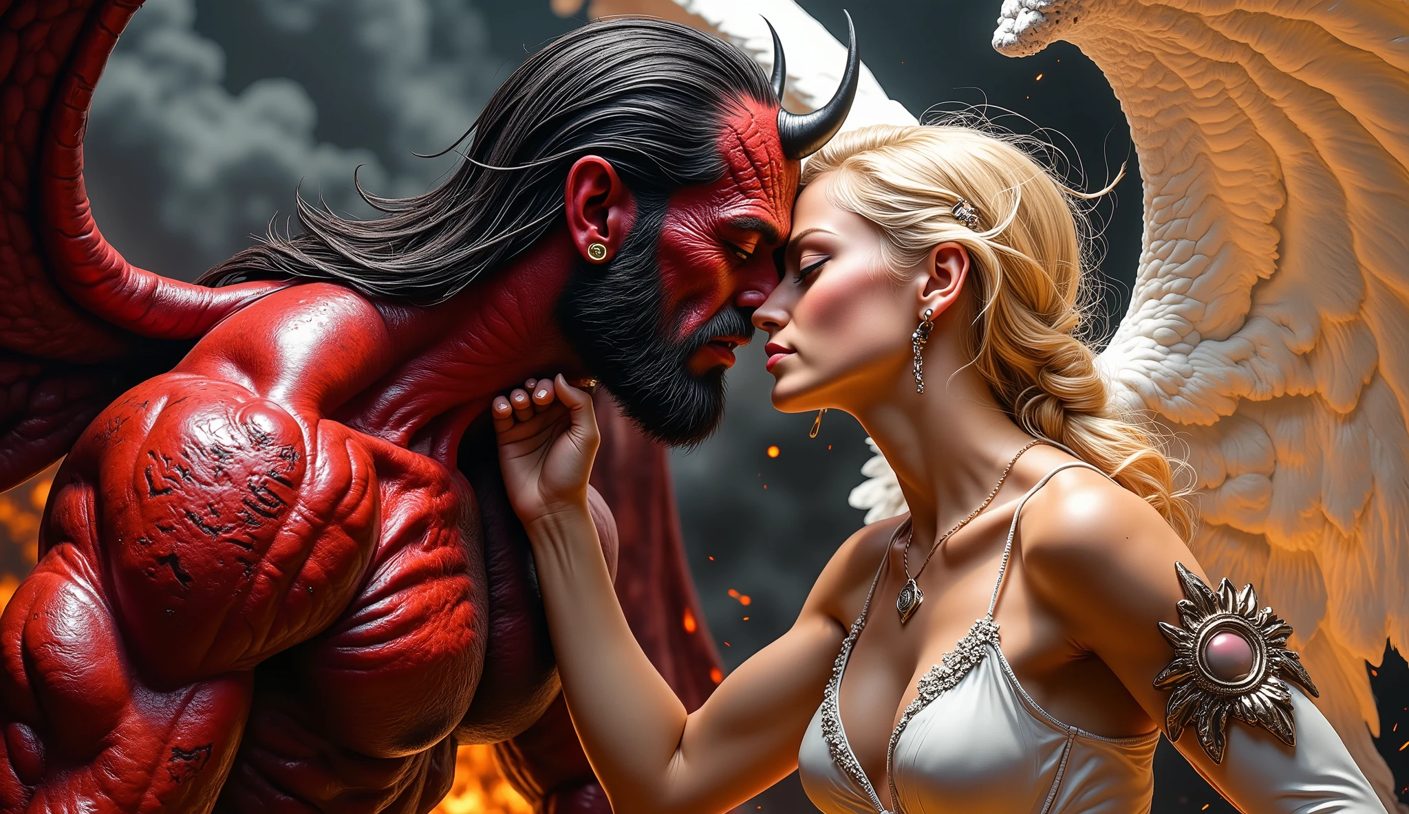 Hyper-realistic, high detail. A passionate kiss between a powerful male demon and a divine female angel. The demon has muscular features, dark red skin, sharp horns, and glowing eyes, while the angel has golden hair, radiant skin, and large white wings. They are locked in an intense kiss under a stormy sky, surrounded by fire and ash. Her wings are open behind her, glowing, while the demon's dark aura curls around them like smoke. The ground is cracked lava, and their bodies contrast in light and darkness, symbolizing forbidden love and violent desire.