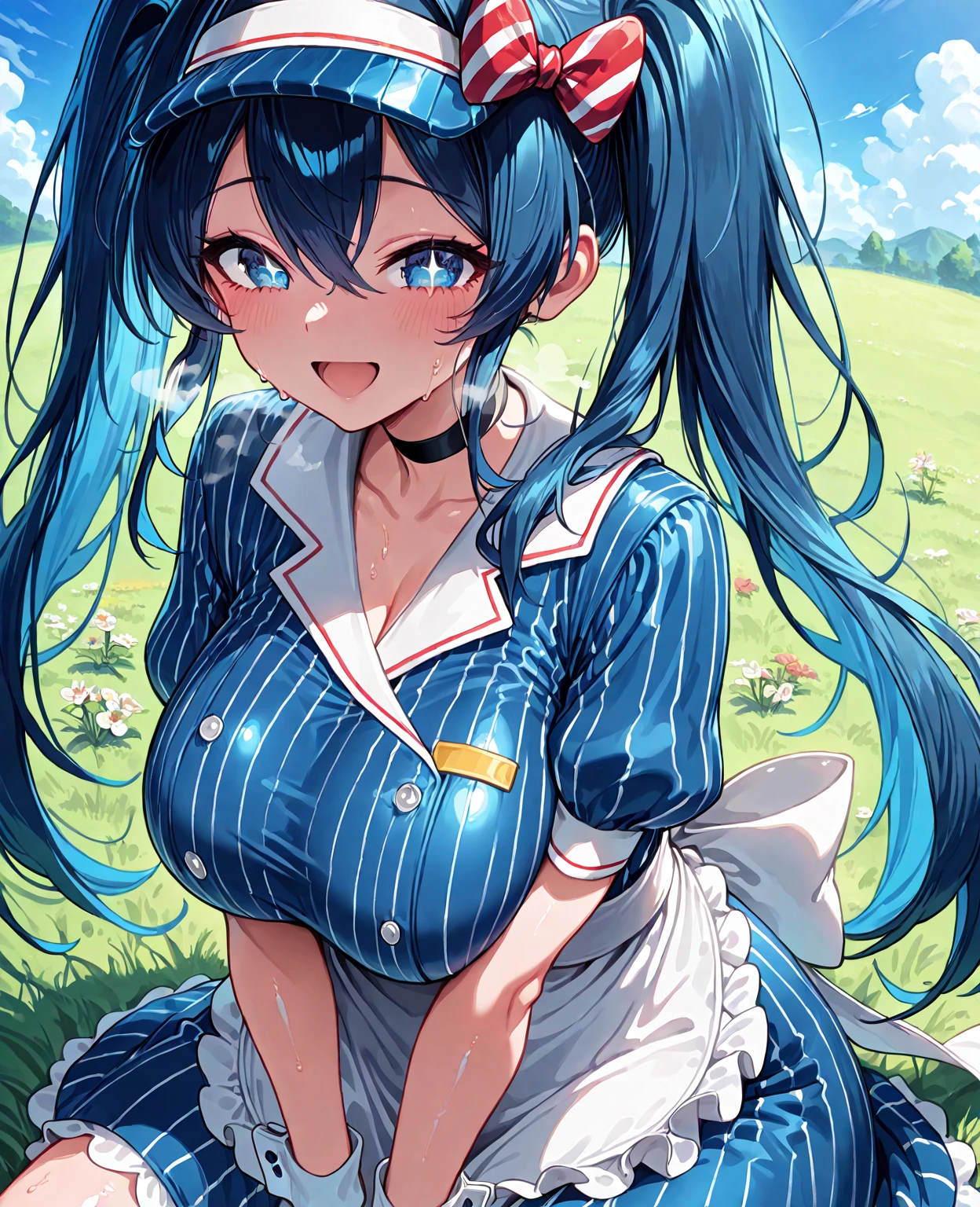 (((Highest quality、8k、masterpiece：1.5)))、(Slanted Eyes、Yellow Eyes、Blue Hair、Hair tied up in a ponytail on top of the head、(Big Breasts：1.2)、Denim overalls、13 years old))、((Perfect Anatomy))、whole body、smile、Look forward、Looking into the camera、Simple Background
