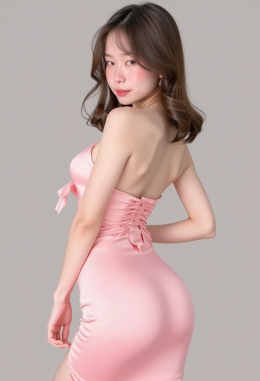 best quality，4K，8K，masterpiece、film grain，Perfect composition，ultra high resolution、(actual:1.4)、original photo、1 20 year old girl、Off the shoulders、E cup，Cleavage close-up，dark brown hair，Exquisite makeup，red lips，smile，Perfect body，Shawl straight hair，small head，oval face，big eyes，thigh，slim，emaciated，Girl wearing pink translucent tube top，Skinny hip skirt，gray pantyhose，Perfect hip line，snow scene，winter，Snow Town，view from behind，Japan，perfect face shape，Exquisite facial features，double eyelids，blurry eyes，(Skin texture is extremely delicate1.3),Ultimate light and shadow，Highly detailed face and skin textures，
