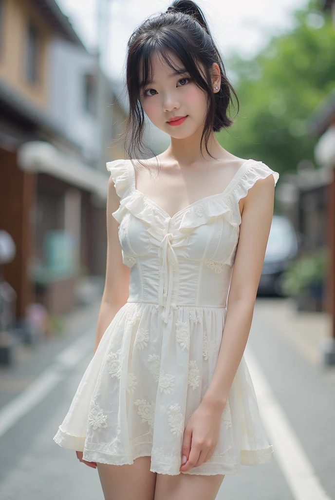 Highest image quality、Masterpiece level、Ultra-high sharpness、Fidelity 1.4，photoshoot，A girl appears[（grieves）]，In a white blouse shirt，The scene is bright、，The introduction was lovely、Mischievous、The feeling of smiling。Like a movie，。white dresses，white stockings（Weight 1.5），drenched clothes（Weight 1.4）and bare shoulders。It's really raining，The hair is soaked。