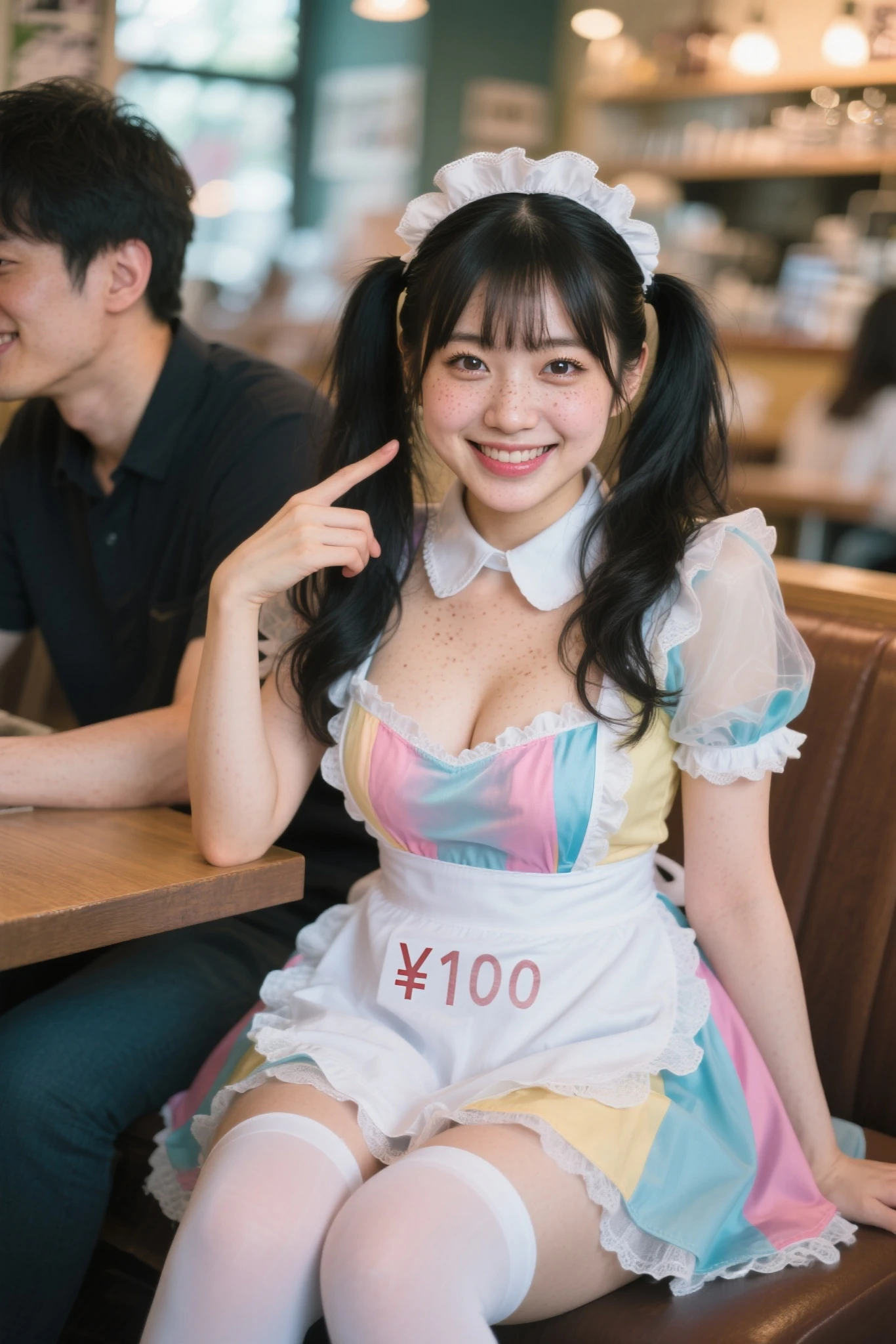 (vulgar:1.3,)(Realistic:1.5),(Raw photo:1.4), (Photorealistic:1.3),(masutepiece), Best Quality, Highest Quality, Highly detailed CG Unity 8K wallpaper, Detailed and Intricicated, Original,hight resolution, [:(Detailed face:1.2):0.2],Film grain, FUJI XT3, (High detailed skin:0.9), 8K,(ulzzang-6500:0.9), balconies, show by rock!!, lightsmile, cleavage, Detailed gradient background, Full body, Sunlight,Slim body,Beautiful dress,Beautiful hand shape, Full bodyJust the right kind of 14-year-old japanese kuro Gyaru for friendship, group shot,Rainbow Hair Color,wearing an short apron without any clothes on and necklace,hair accessories,between breasts,big breasts,,seductive grin smug,sex friend ,Tilt-shift cameracrowd,Outside food stalls