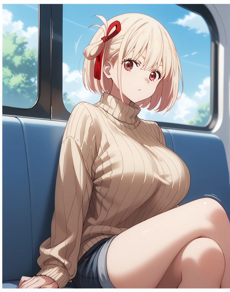 cowgirl position、、cowgirl position、Upper body naked、nude、Hide your with your hands、Blushing、Embarrassed expression、、Not wearing a bra、Light cream colored hair、short hair、Red eyes、、Blushing、lipstick、Perfect hands、Detailed hands、Train seats、hand bra