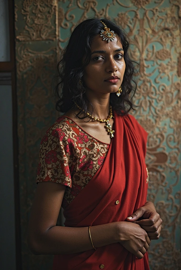 A beautiful Indian girl of 21 in fair skin color in saree with bold outfit and beautiful attractive face