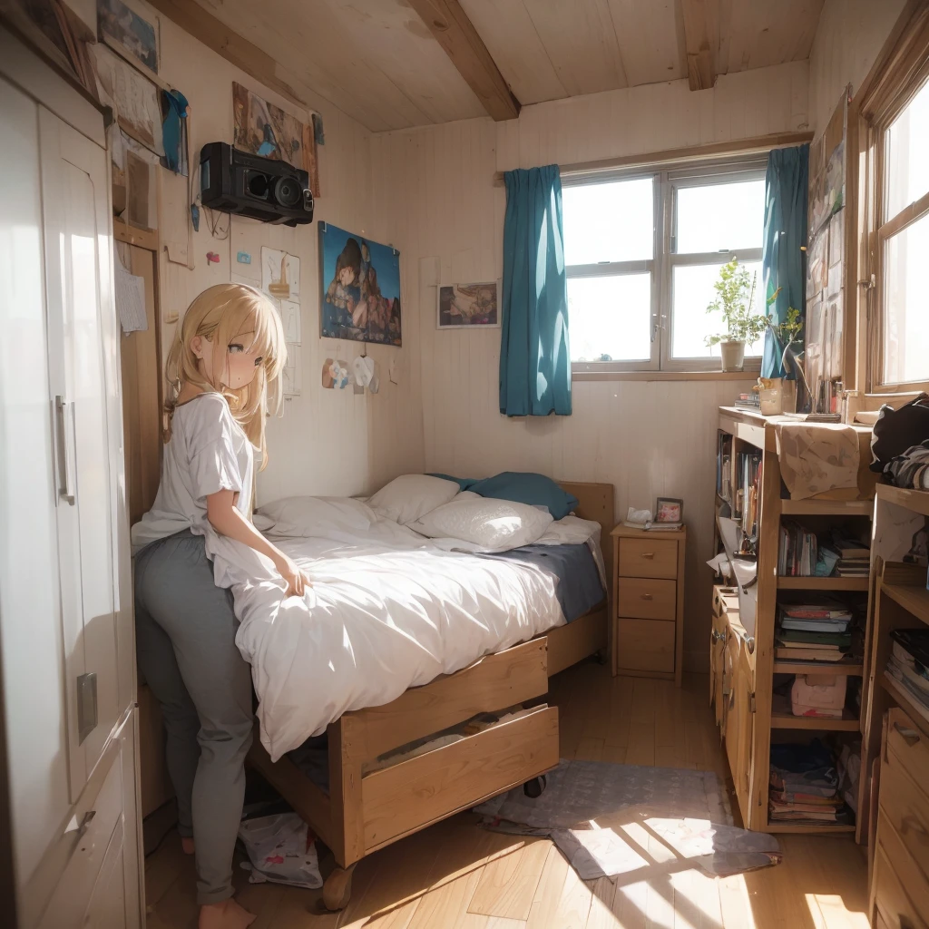 A blonde girl in adolescein room
