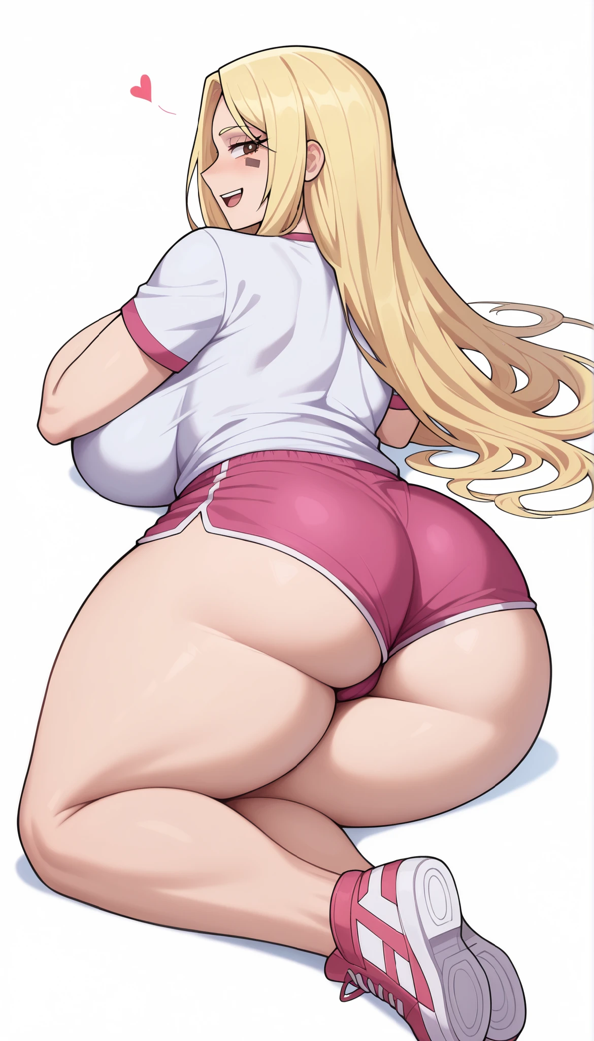 (((Perfect figure,figure,solo, White and tender skin,(((cyberpunk,short sleeves, dolphin shorts, t-shirt, pink shorts, white shirt, , ))),(((MiaChadef, long hair, blonde hair, brown eyes,,))),((masterpiece)),high resolution, ((Best quality at best)),masterpiece,quality,Best quality,((( Exquisite facial features,Looking at the audience,There is light in the eyes,(((Lol,Happy,))),))),(((Light and shadow,Huge breasts))),(((Looking at the camera,White background,Lying on the ground,Looking back at the camera,From the back,plump ass))))