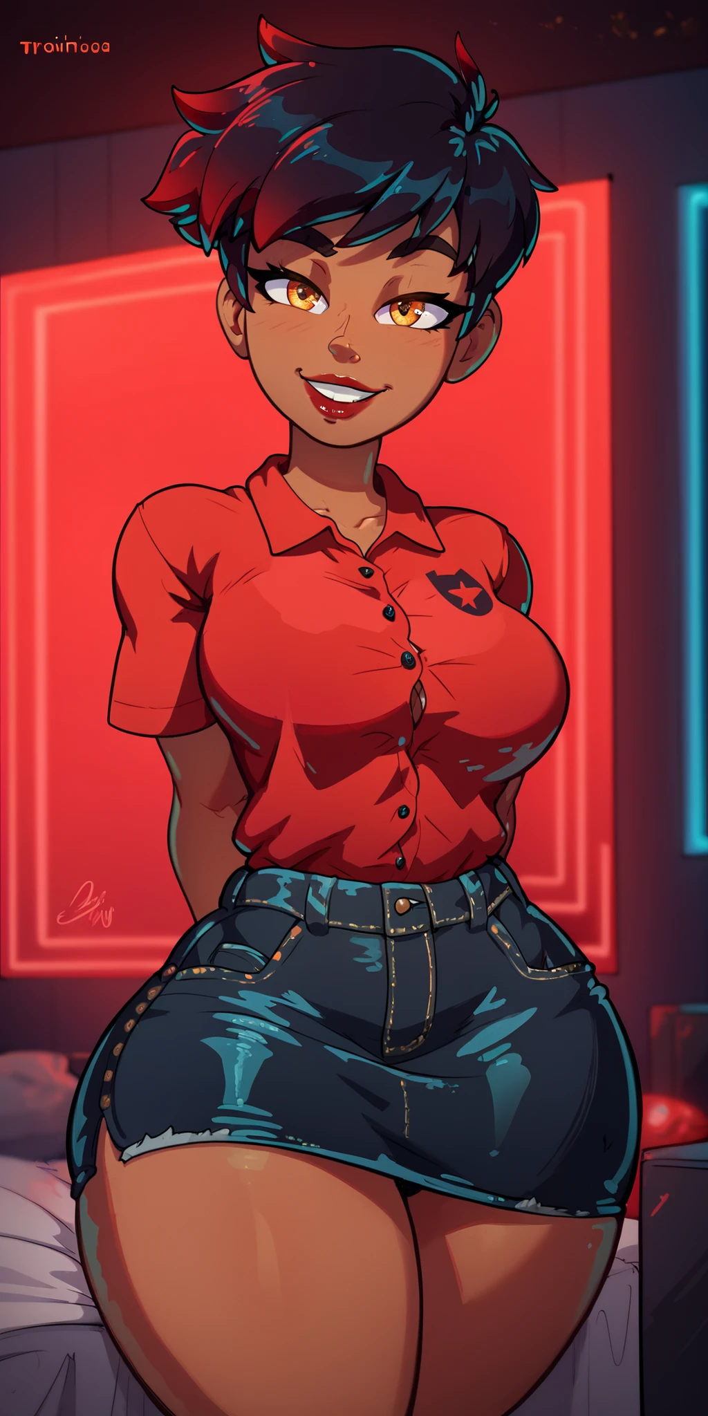 4K Quality, ((sexy smile)), ((black denim skirt)), (dark skinned tomboy), (black and red gradient hair), amber eyes, cute eyebrows, ((dark skinned)), ((red shirt)), toned body, ((thick thighs)), big breasted, (big ass), (facing the viewer), (full lips), (cowboy shot), (red neon bed room), night time city background,