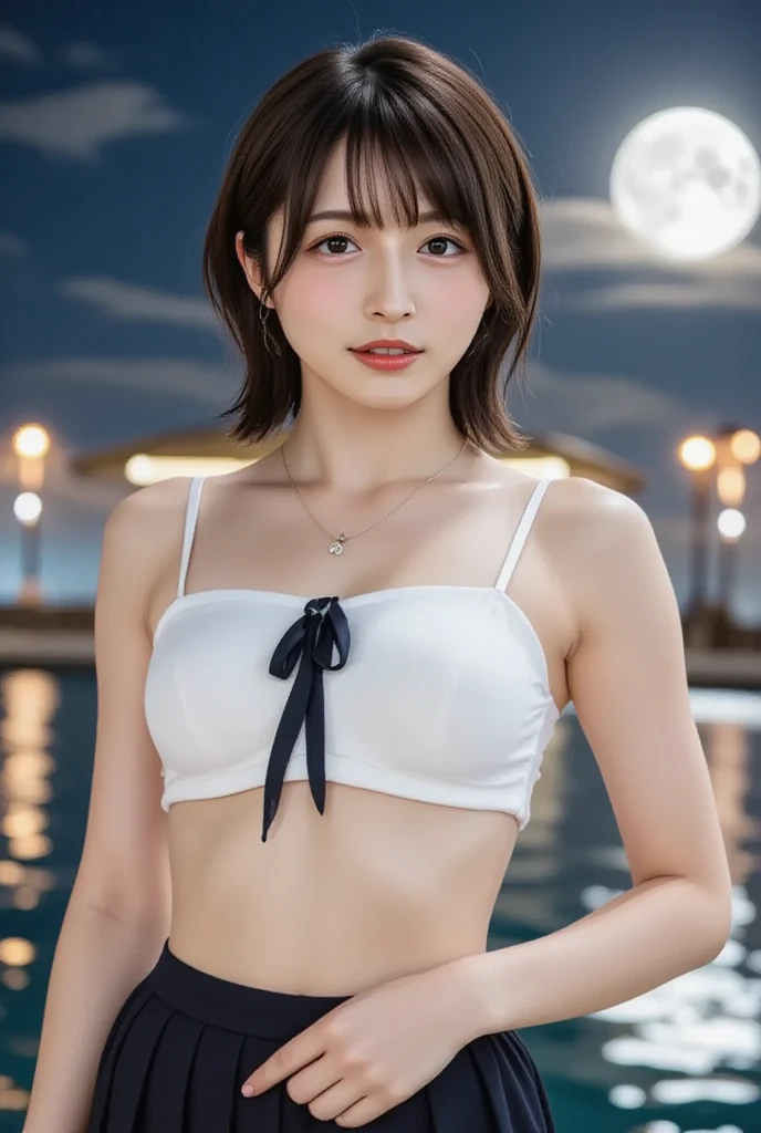 Outfit: Mature bikini showing off her long
Situation: A somewhat sad expression on the face under the illuminated night cherry blossoms.Overlapping with the falling cherry blossoms, the fragile beauty of the scene stands out.
* Expression: Sad expression, tearful eyes, and other sad emotions.
* Additional elements: The petals of the falling cherry blossoms and the lights of the lanterns swaying in the night breeze create an emotional atmosphere.