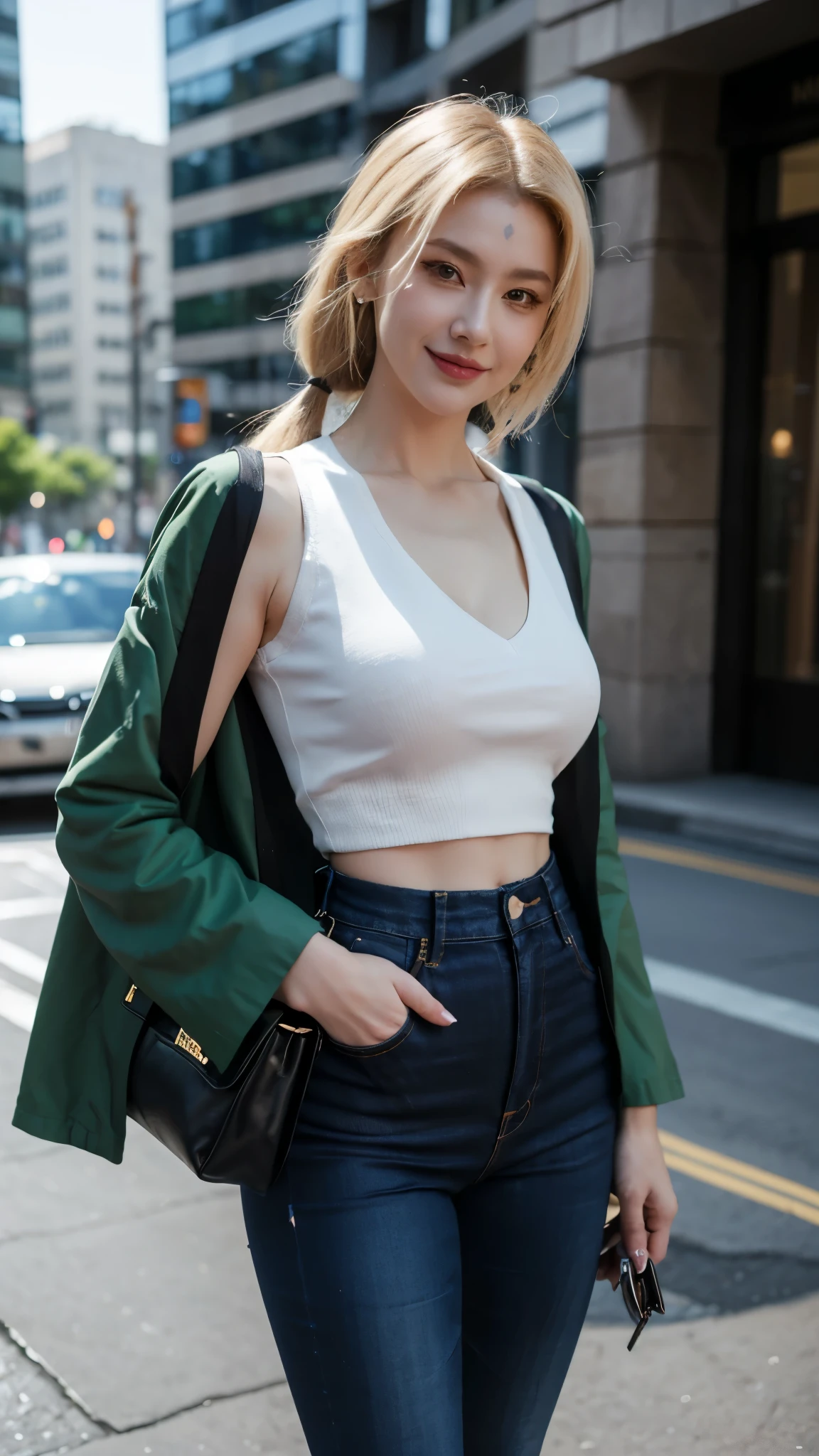 A hyper-realistic portrait of a beautiful woman resembling Tsunade from Naruto Shippuden, smiling confidently. She has long blonde hair tied in two low ponytails, clear honey-brown eyes, and a youthful yet mature face with smooth, flawless skin. She is dressed in modern fashionable clothing — a stylish white blazer over a black crop top, high-waisted jeans, and subtle accessories like earrings and a sleek handbag. She stands in an urban city environment with skyscrapers and modern architecture in the background, as if posing for a fashion magazine. The lighting is natural, golden hour glow, and the photo is ultra-detailed, cinematic, and sharp. Styled like a high-end fashion photography shoot