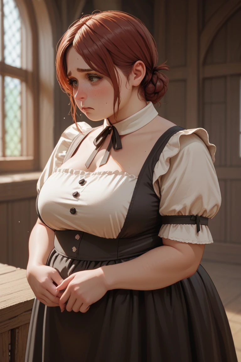(masterpiece, best quality:1.4), illustration, 8k, hd, 1girl, solo, short_messy_hair, red_hair, dress, white_thighhighs, no underwear, short_sleeves, frills, apron, brown_eyes, cleavage, metal_collar, anchor_choker, maid, white maid, ((big breast, angry, delinquent, bully, piercing)), (restaurant, maid cafe) (Double Dutch braid:1.2),(Tight stockings:1.6)(giant saggy breasts:1.6)