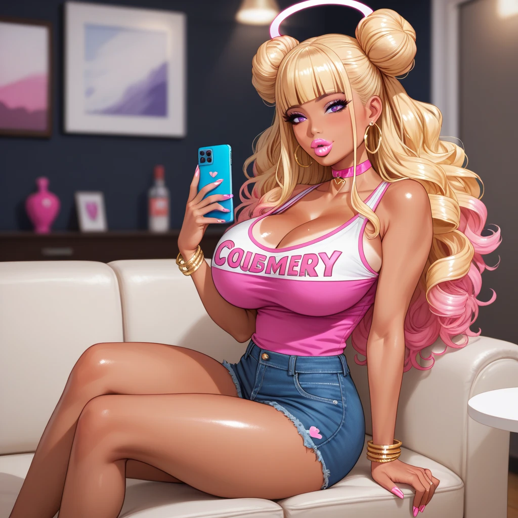 1 girl, big cleavage, detailed, highres, sexy, wide hips, 1 girl, brown eyes, pink hair, long hair, (dark skin), (pink bear ears), gyaru, lips, white nails, long nails, glittery slingshot swimsuit, skirt, high quality, lifting bikini, selfie,