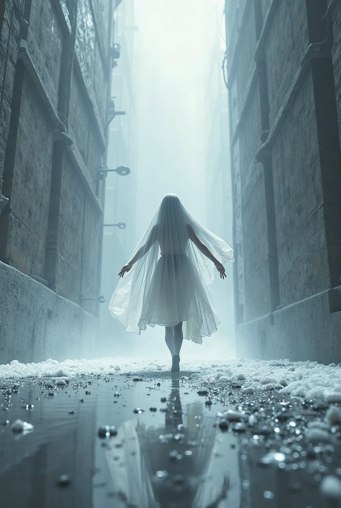 Smoke girl walking through a destroyed city