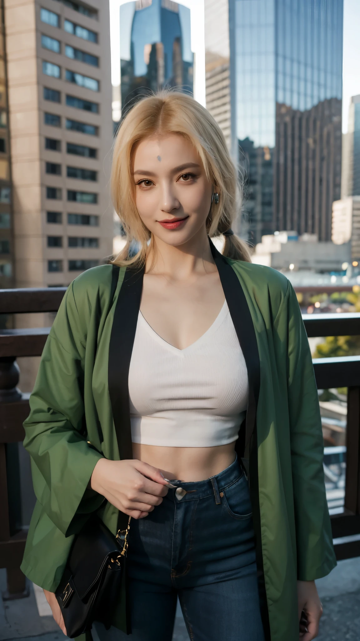 A hyper-realistic portrait of a beautiful woman resembling Tsunade from Naruto Shippuden, smiling confidently. She has long blonde hair tied in two low ponytails, clear honey-brown eyes, and a youthful yet mature face with smooth, flawless skin. She is dressed in modern fashionable clothing — a stylish white blazer over a black crop top, high-waisted jeans, and subtle accessories like earrings and a sleek handbag. She stands in an urban city environment with skyscrapers and modern architecture in the background, as if posing for a fashion magazine. The lighting is natural, golden hour glow, and the photo is ultra-detailed, cinematic, and sharp. Styled like a high-end fashion photography shoot