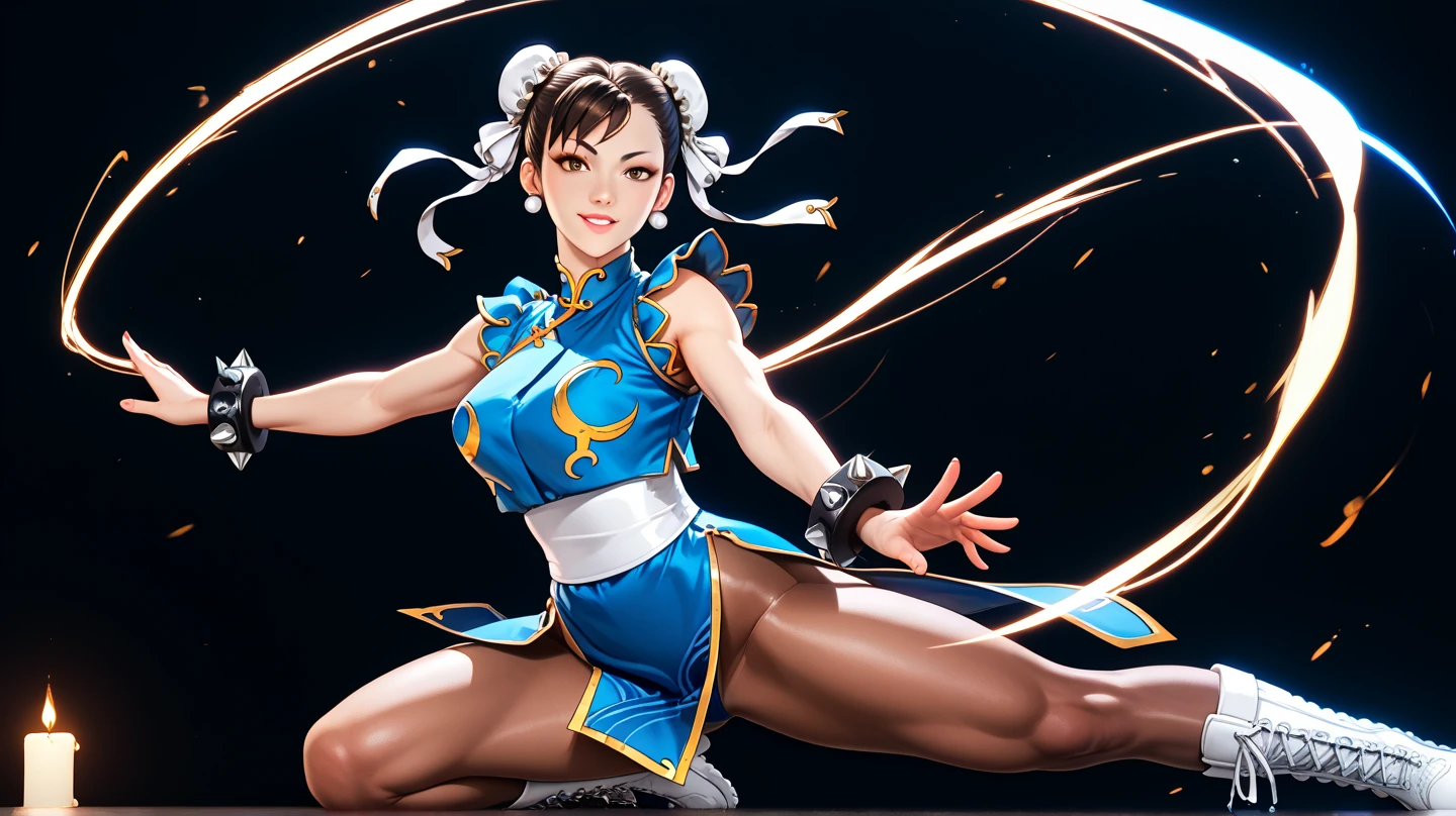 Chun Li striking a victory pose, I conic blue outfit mini dress, viewed from low angle