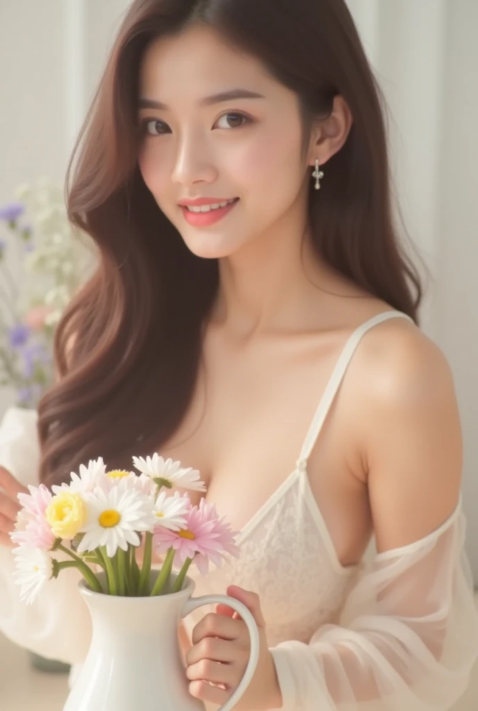 Very beautiful woman at 15 years old、Smiling Kindly、Cleavage、Mother’s Day、Bouquet of carnations、living room、Natural light、Accurate、Anatomically correct、Textured skin、Super Detail、 Attention to detail、highest quality、High resolution、Genuine、realism、RAW Photos、Genuine、masterpiece