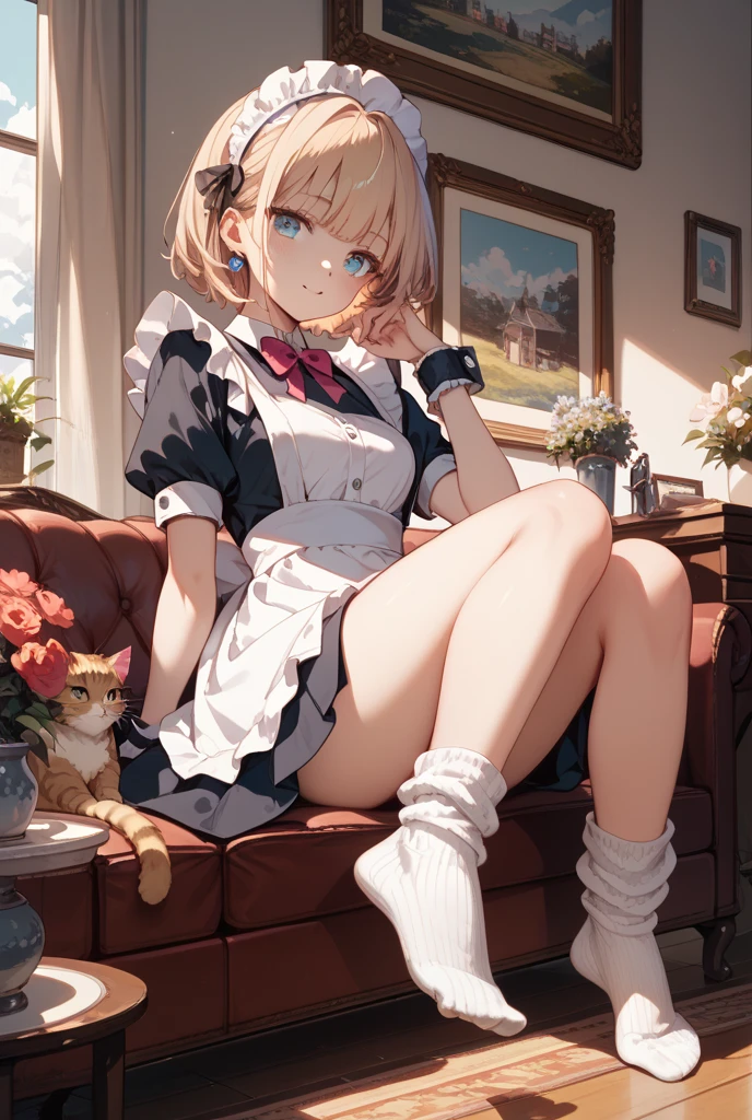 masterpiece, Highest quality, High resolution, Neferpitou 1, Cat ear, (Cat's Tail:0.8), alone, short hair, Red eyes, Hair between the eyes, :3, Curly Hair, Cat girl, Frills_bikini, Beach, Day, cloud, wariza,She spread her legs,Arms folded behind back,sexy,side,Squat,training
