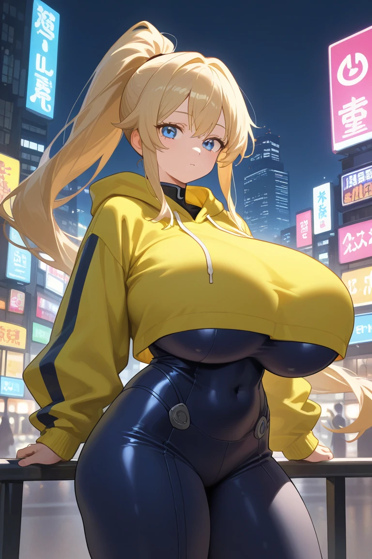 Yellow hair color,short hair,light brown eyes,chubbily ,huge breasts,whipped thighs,Clothing that emphasizes the breasts,cat mouth,smile,Open mouth,open eye,double tooth,Taken from the viewpoint above, looking at viewer,upturned eyes,Street Background,SFW,perfect,high quality,faultless,
