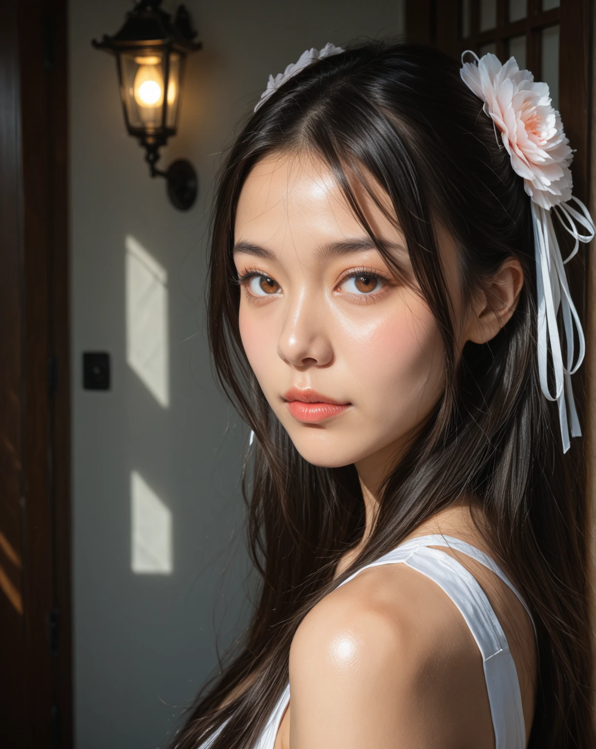 best quality,masterpiece,extremely detailed,high res,4k,ultra high res,detailed shadow,ultra realistic,realistic,dramatic lighting,1girl,solo,detailed face,realistic eyes,realistic skin,white dress,black hair,dynamic pose, white lace dress, full body, standing in a different pose, playing with her hair,top angle,