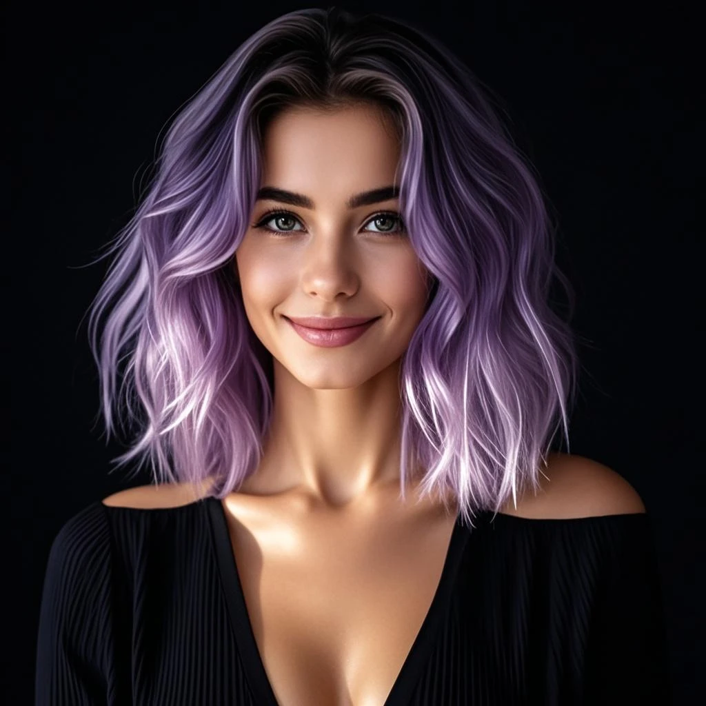 A girl that has short, pastel purple hair with a wav texture. The roots show a slight natural dark blonde or light   breasts.She wears a black color sleeveless top with a low-cut neckline, which is quite simple and doesn't distract from her facial features.