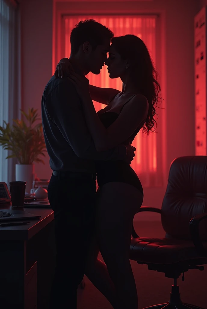 (fictional) A passionate couple in a modern office setting, engaging in an intense and intimate act on a sleek glass office desk. The female is depicted with captivating, detailed eyes and full, luscious lips. The male possesses a strong, muscular physique, portraying raw desire. The lighting is dim, casting subtle shadows, creating an aura of secrecy and excitement. The image quality is of the highest standard, with a 4k resolution, bringing out every intricate detail and adding depth to the scene. The artwork is created using a mixture of digital rendering and professional photography, resulting in a stunning hyper-realistic composition. The provocative nature of the scene is accentuated by a blurred, dreamlike ambiance, emphasizing the sensory experience. The color palette is rich and vibrant, showcasing deep hues and contrasting tones, enhancing the intensity of the moment. The office environment is hinted at, with modern office equipment and furniture subtly visible in the background, adding a touch of realism. The overall atmosphere is one of passion and forbidden desire, making this artwork an alluring and evocative masterpiece.
