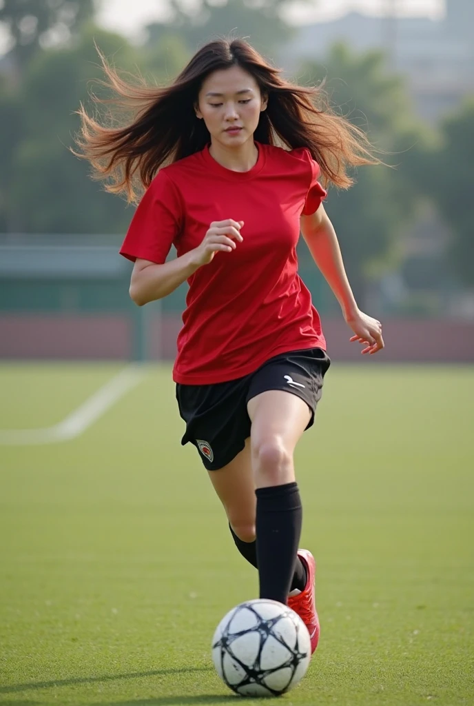 NSFW, ((highest quality)), ((8K)), ((masterpiece:1.3)), (become familiar with), (cinema quality), ((rugby field)), (Sports Stadiums), The green grass is beautiful, Japanese female referee, The contrast between the natural light shining in and the shadow created by the studio roof, (芝生のコート上でRun:1.2), (black collared short sleeve polo shirt:1.2), (black polo shirt), Sponsor logos on both chests:1.6, ((black shorts)), ((black knee socks:1.6)), shoes with spikes, (has a whistle in his right hand:1.6), long hair, Hair tied up in a ponytail, (ポニーテールに束ねた髪を靡かせRun:1.6), perfect appearance, 32 years old, married woman, (trained thigh muscles), ((swollen thigh muscles)), tanned skin, facial wrinkles:1.2, wrinkles around the eyes, tear bags around the eyes, double eyelid, Crying mole under left eye, face is looking to the side, (横を向きながらRun:1.2), hall々expression, (big breasts), big breasts, (揺れるbig breasts), (Run勢いで揺れ動く胸:1.6), hard nipples, whole body, (Sweat soaks my face and arms), (polo shirt drenched in sweat:1.2), (Run:1.6), (Perspective looking up from the feet), (I can see the players around me.:1.1), (Audience stand towards the back),