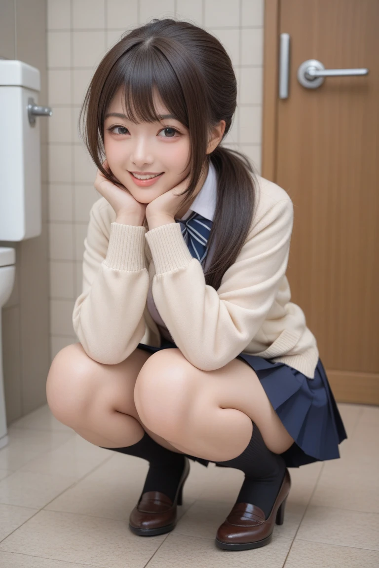 ((highest quality、8k、masterpiece:1.3)),((((fullbody shot)))),Ultra-high resolution,big eyes,Japanese,bangs,(a girl),(1 girl),((20 years old)),((facing at viewer)),(long hair),(((black sweater))),grin,((squatting)),(((pleated mini skirt))),((())),((skirt lift)),(((black short crew socks)))