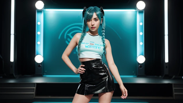 neon city, long hair, cyber punk, school girl, green hair, Beautiful legs, colossal tits, white tank top