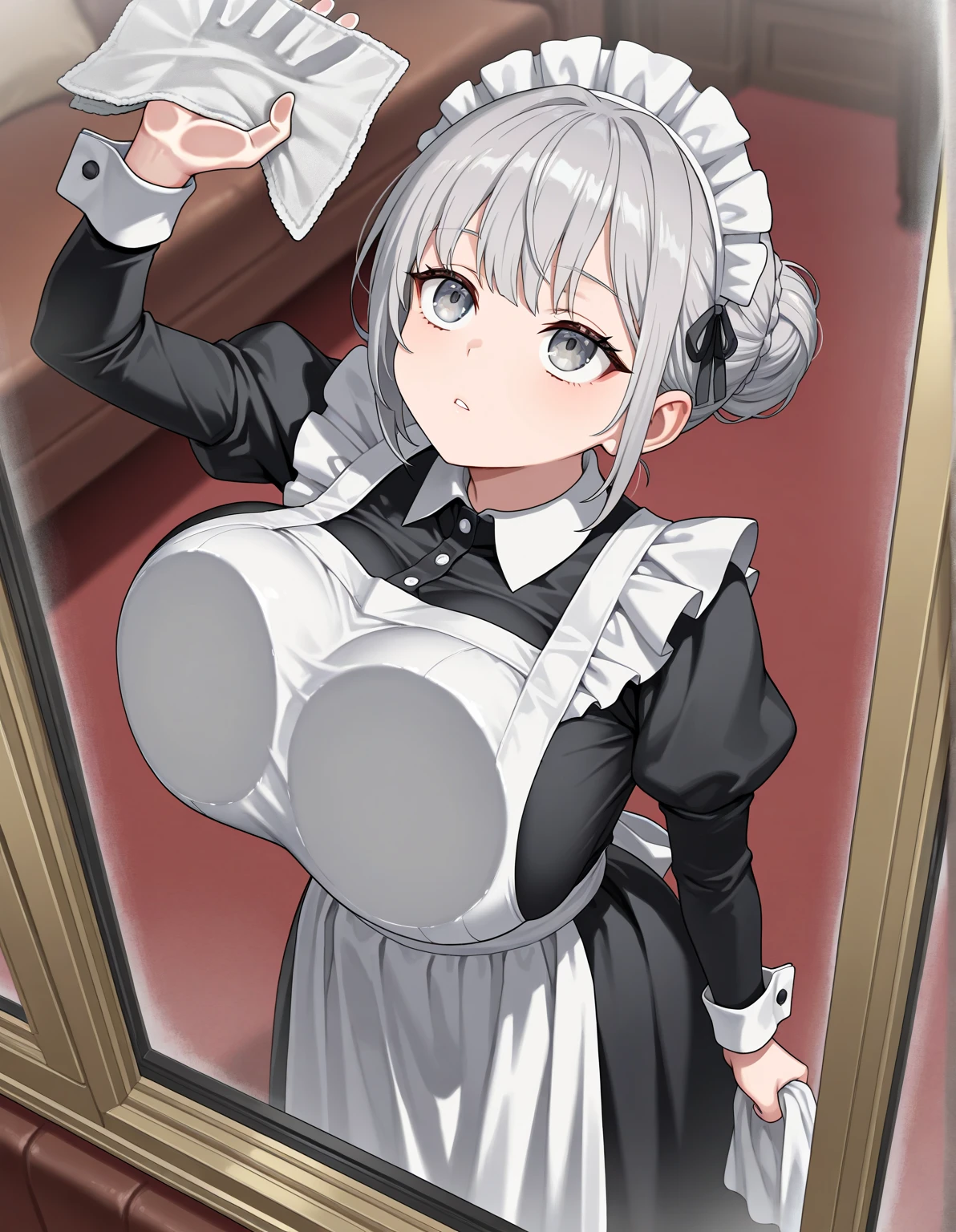 a woman, smiles, gray dress, big breasts , in house modern