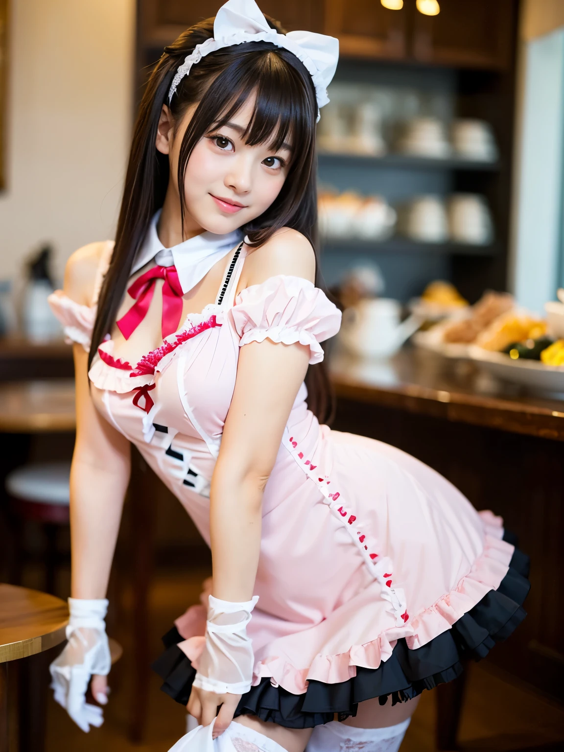C4ndyL4ndAIシティ,A young woman holding a large candy in a candy-themed amusement park, avoiding sensitive expressions.. BREAK A young woman holding a large stick of candy in a candy-themed amusement park.BREAK ((upturned eyes)),((Angle from above:1.3)),from above、Looking at camera, BREAK (gyaru:1.1),(torpedo gigantic breasts, cleavage),(Glamour:1. 3),(maid ,Racing Model),