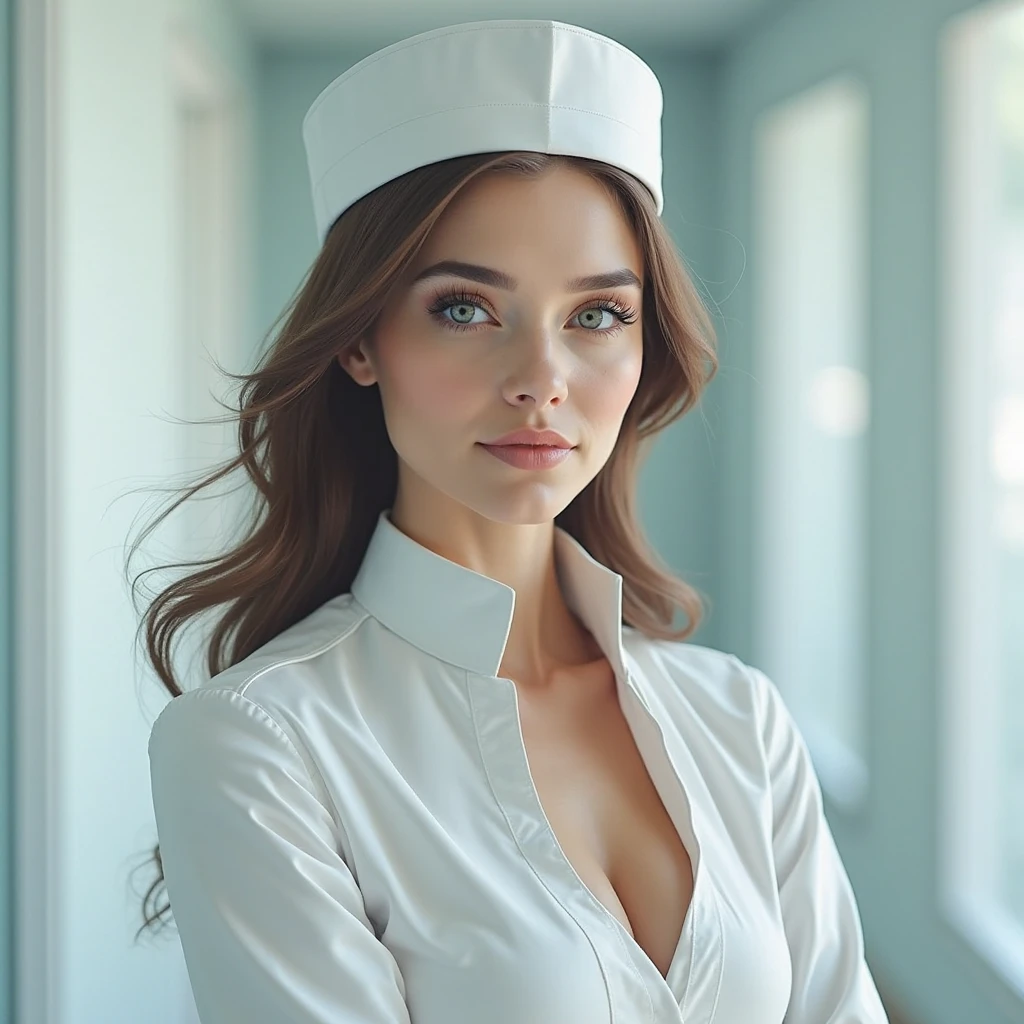Cinematic portrait, ((medium close-up)), facing the audience, (Reality :1.4), a woman looking into the camera, female nurse, nurse costume, detailed beautiful face, action shot, hospital background, daytime, photo realistic, CG, art station, masterpiece, HD photography