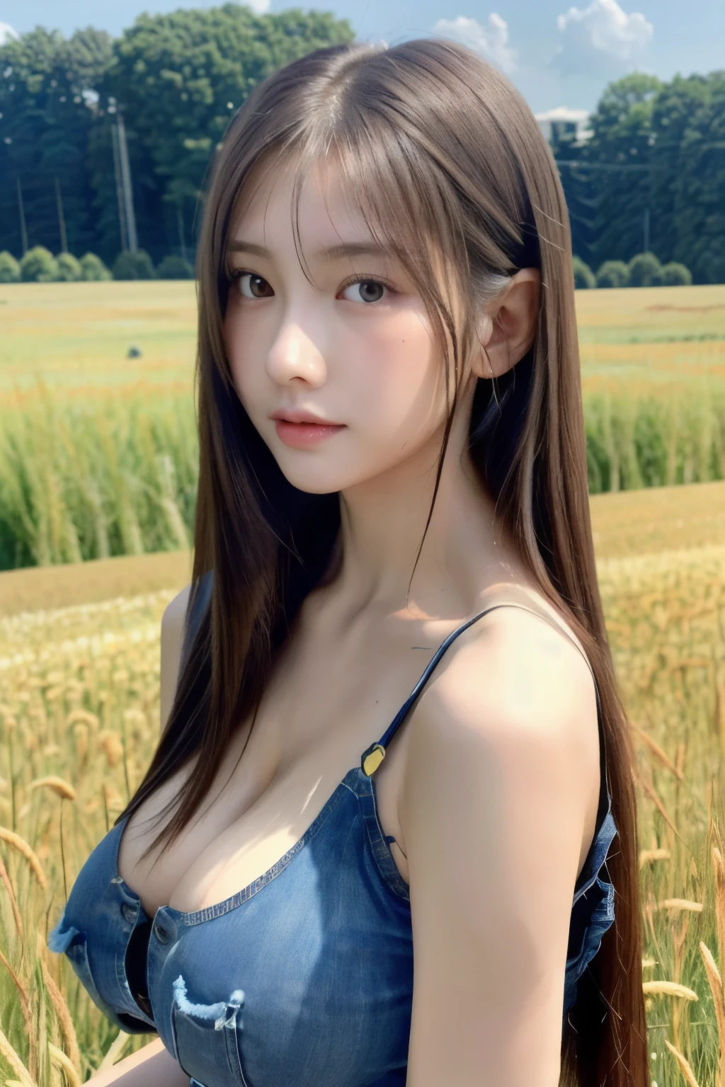 (Reality: 1.3), Are you okay, Highest quality, Rembrandt Lighting, (Ultra high definition,masterpiece: 1.2), (Reality: 1.2), (best quality), (Skin Details: 1.3), (Soft skin texture,Exquisite detail), dramatic, Idyllic, Ray Tracing, One girl, Japanese, Long black hair, 23 years old, Modern fashion that emphasizes a large, open chest (Pasture, sun, cloud, fields, farm, Starlight, Trail)