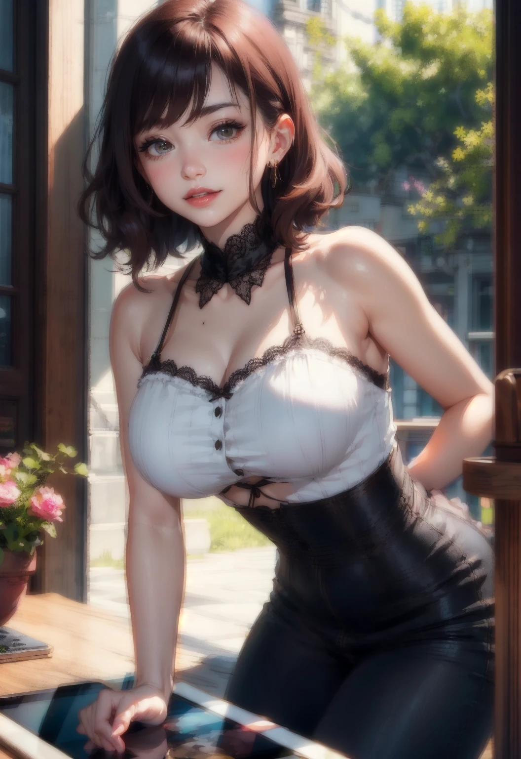 masterpiece, best quality, 1girl, black hair, very short hair, pixie cut, tan, medium breasts, messy hair, night, looking at viewer, blush, choker,